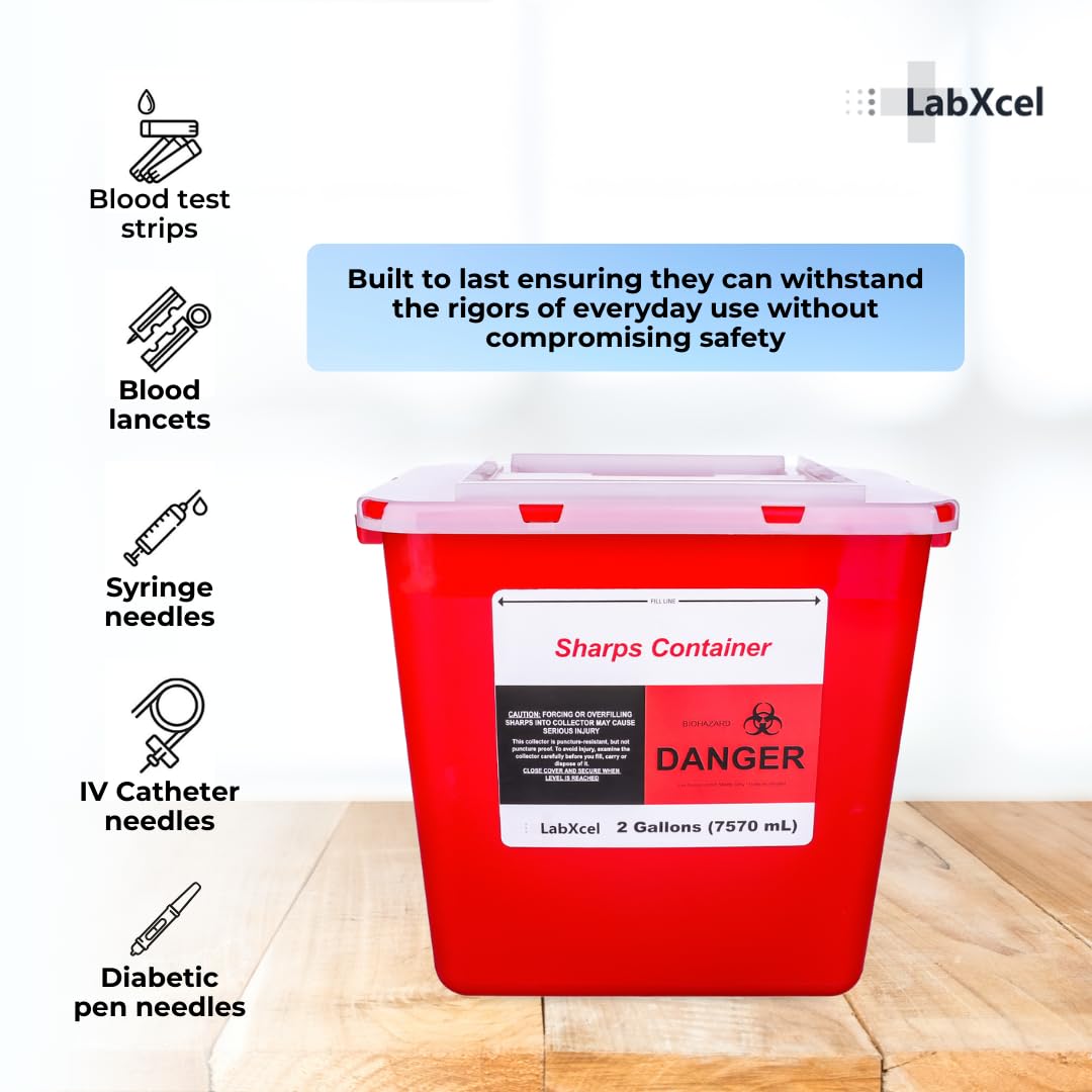 Polypropylene 2 Gallons Sharps Container with Cap – Needle & Syringe Disposal for Home & Professional Use, Free Standing, Translucent Sliding Lid, PVC-Free Medical Waste Bin – Red, 24 Count