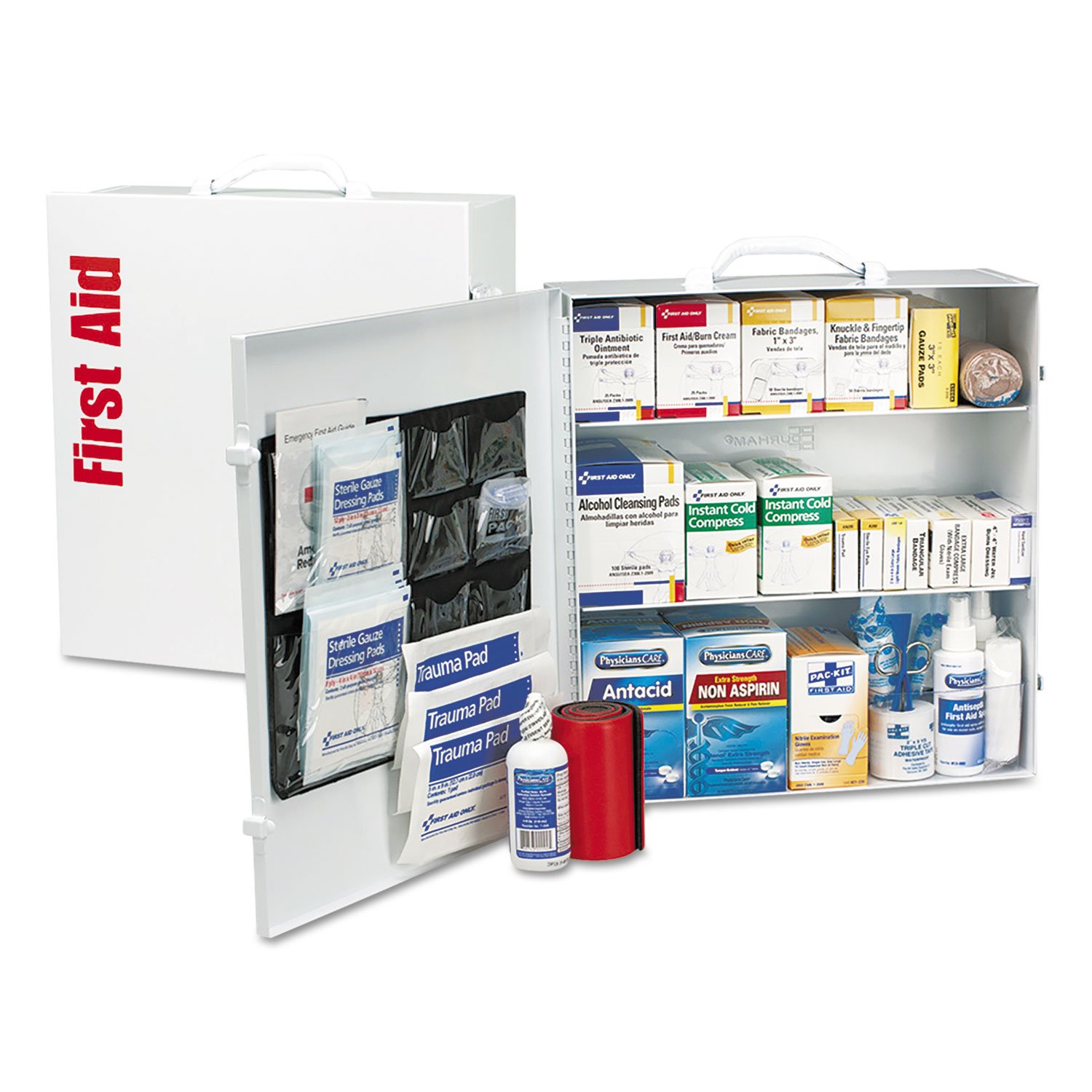 First Aid Only 90575 3-Shelf ANSI B+ and OSHA-Compliant First Aid Kit, 100-150-Person Emergency First Aid Kit for Business and Worksite, First Aid Metal Cabinet with Medications, 676 Pieces