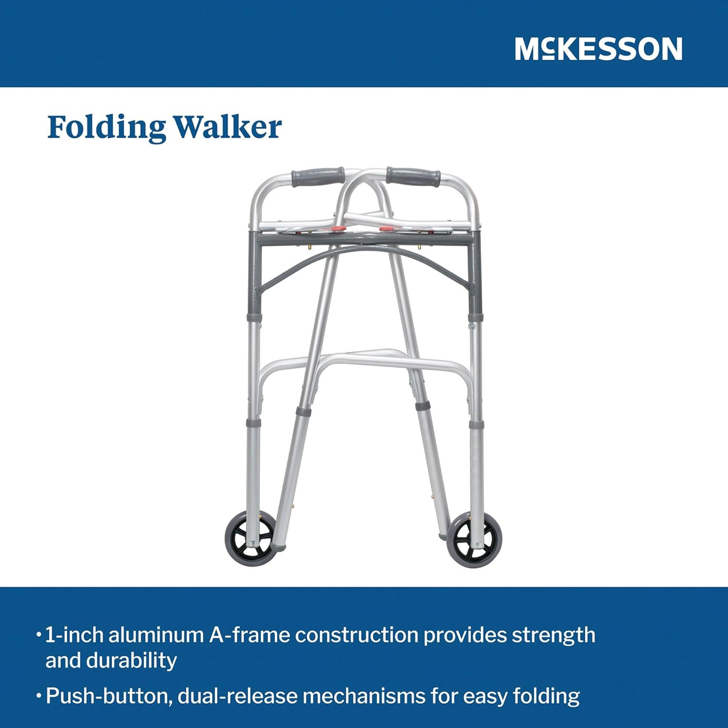 McKesson Folding Walkers with Wheels, Aluminum, 32 in to 39 in, 350 lbs Weight Capacity, 4 Count