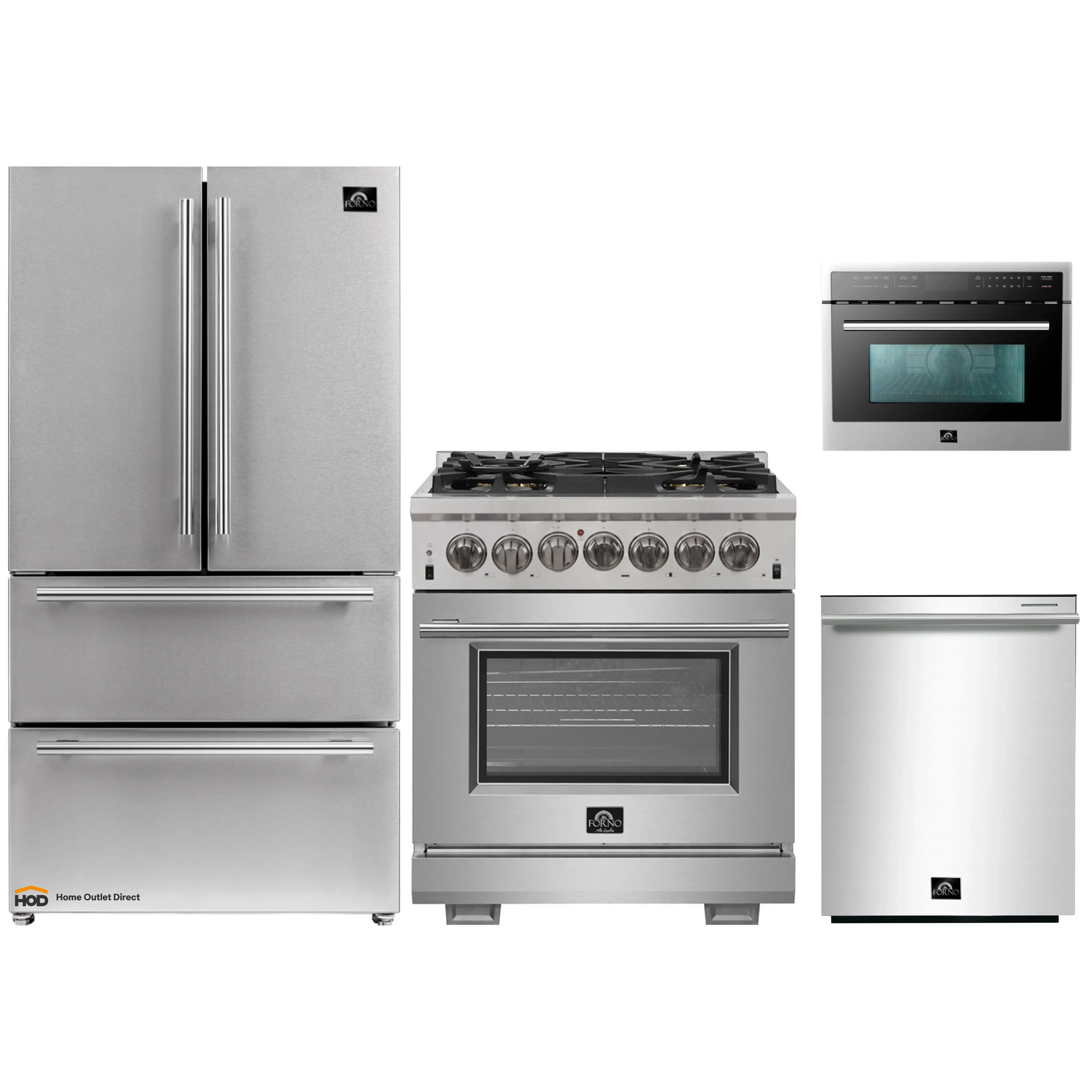 Forno 4-Piece Pro Appliance Package - 30-Inch Dual Fuel Range, Refrigerator, 24-Inch Microwave Oven, & 3-Rack Dishwasher in Stainless Steel