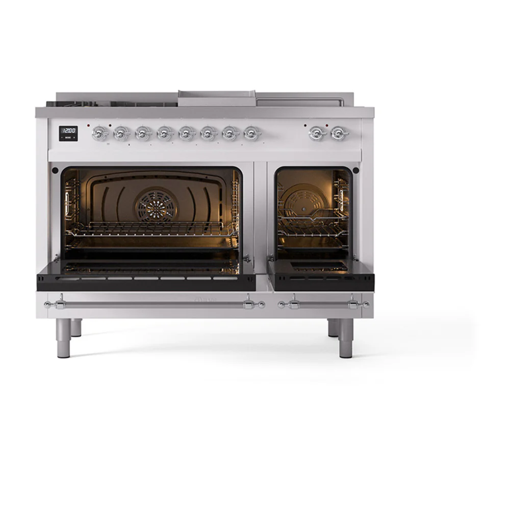 ILVE Nostalgie II 48-Inch Dual Fuel Range with 5 Burners, Griddle, & French Top, with Solid Door Oven in Custom RAL with Chrome Trim (UP48FSQNMPRAC)