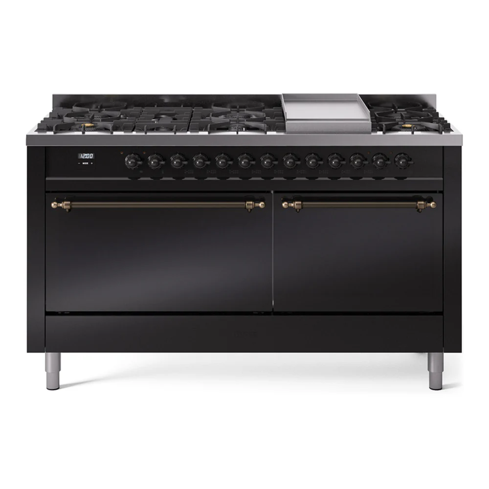 ILVE 60-Inch Nostalgie II Dual Fuel Range with 9 Burners, Griddle and Solid Door Oven in Glossy Black with Bronze Trim (UP60FQNMPBKB)