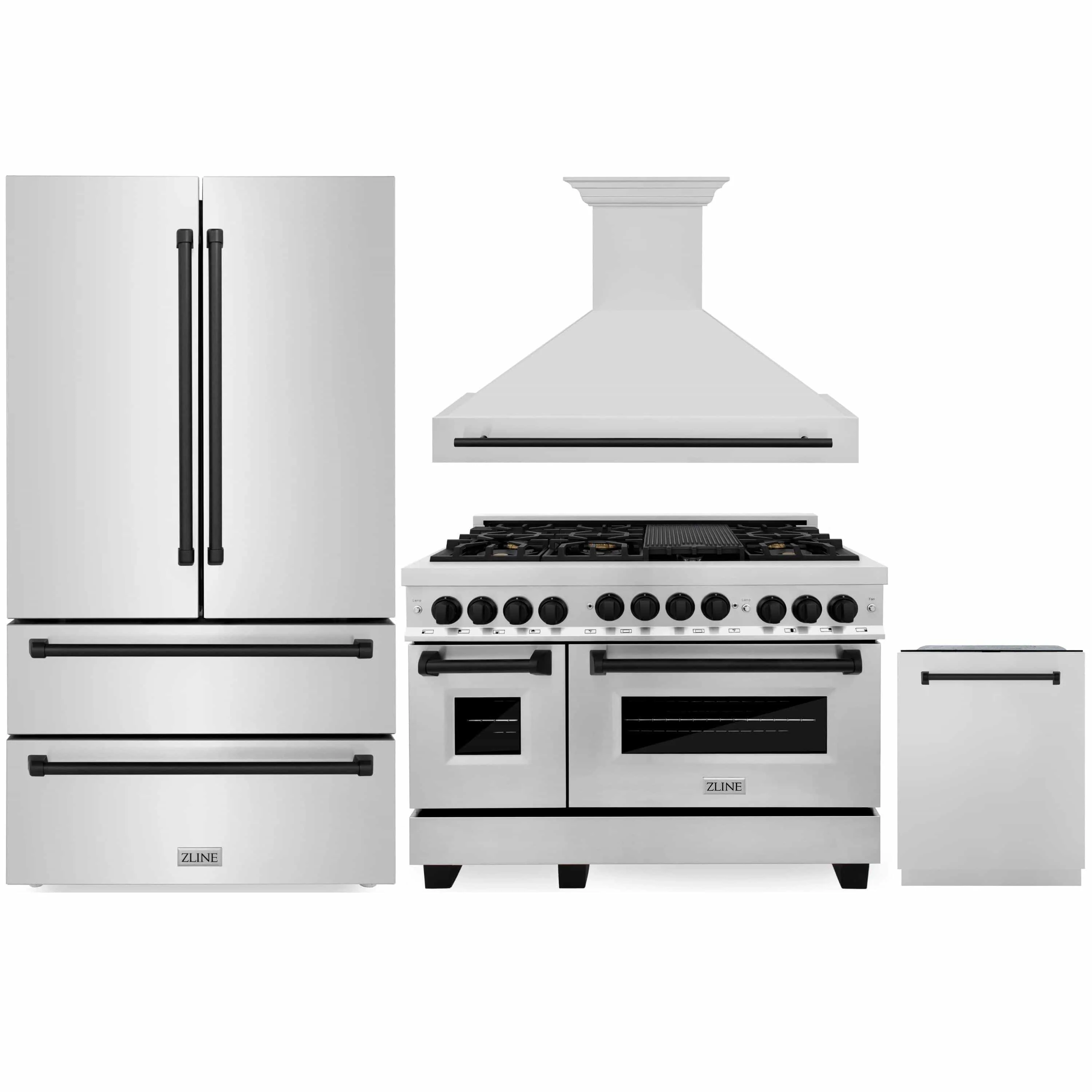 ZLINE Autograph Edition 4-Piece Appliance Package - 48-Inch Gas Range, Refrigerator, Wall Mounted Range Hood, & 24-Inch Tall Tub Dishwasher in Stainless Steel with Matte Black Trim (4AKPR-SGRRHDWM48-MB)