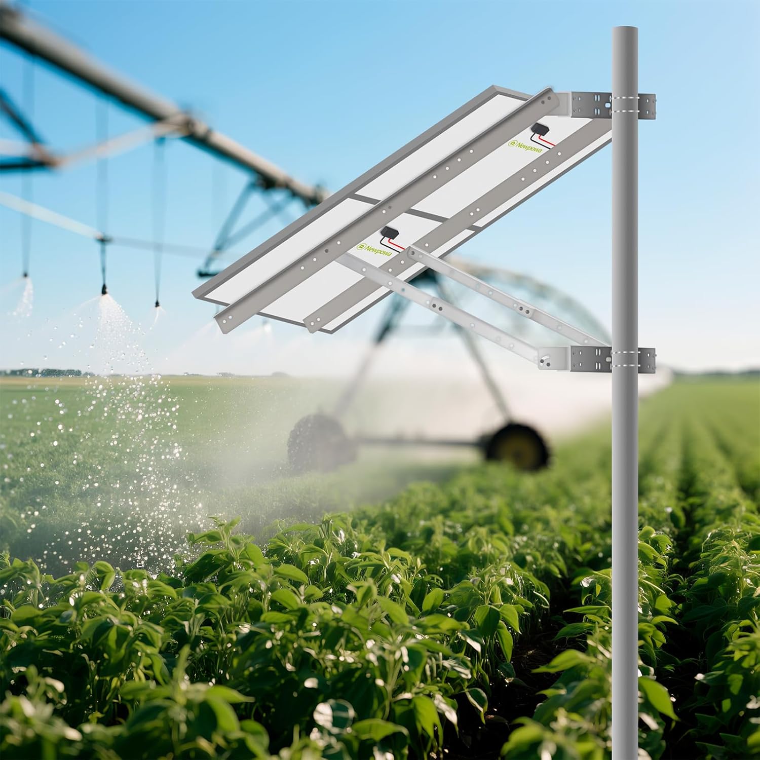 Newpowa Solar Panel Pole Mount, Universal Double Arm with Support Pole and Wall Mount Bracket, 0-90° Tilt Angle, up to 2PCS 220W/60.63