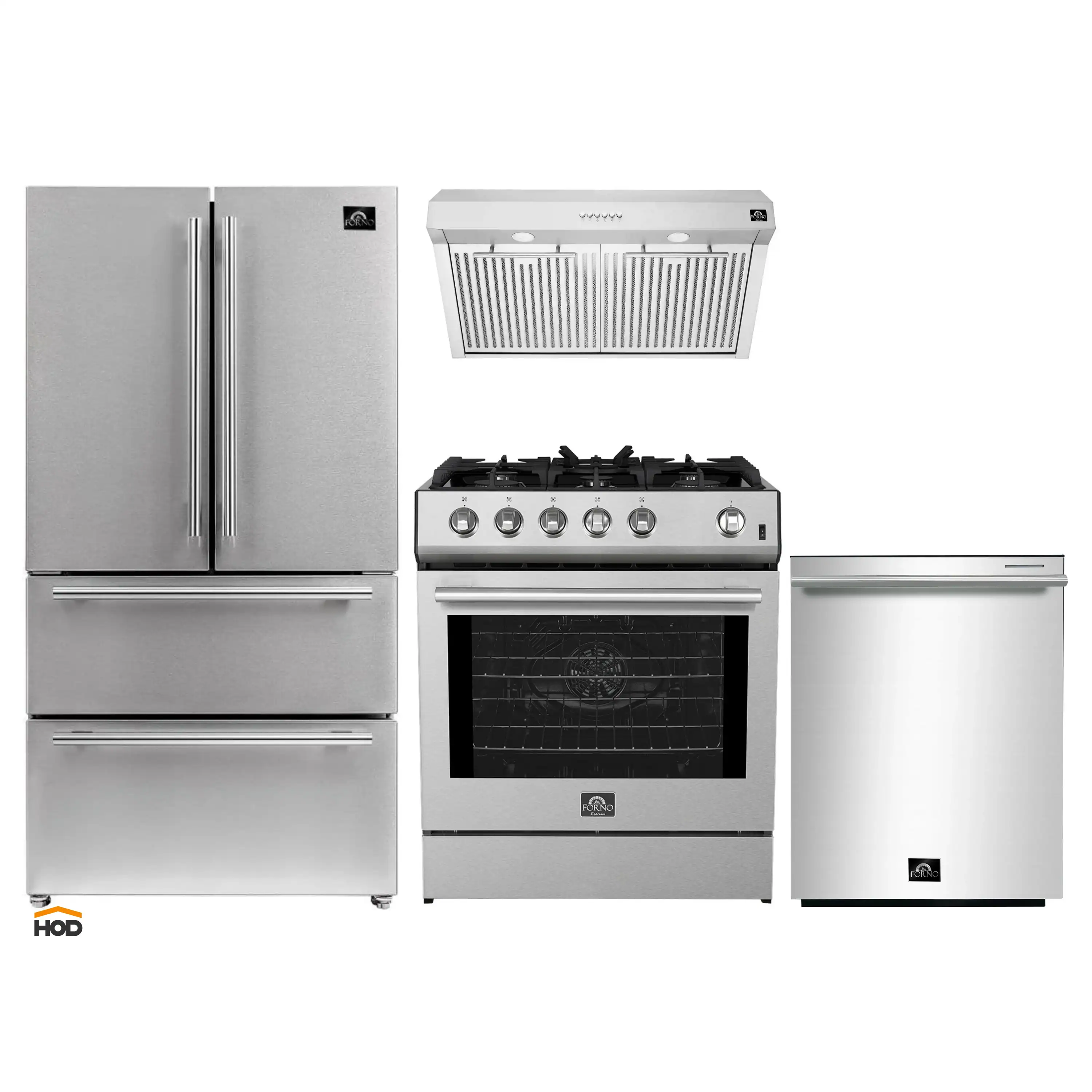 Forno 4-Piece Appliance Package - 30-Inch Gas Range, Under Cabinet Range Hood, Refrigerator, and Dishwasher in Stainless Steel