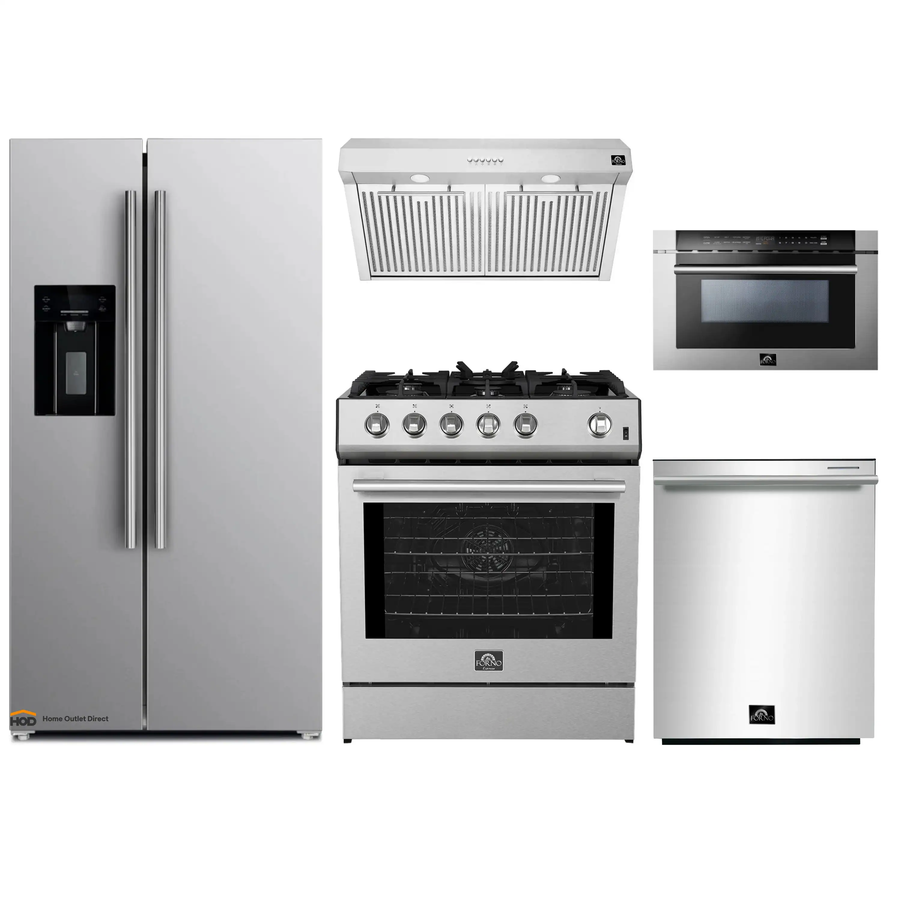Forno 5-Piece Appliance Package - 30-Inch Gas Range, Under Cabinet Range Hood, Refrigerator with Water Dispenser, Dishwasher, and  Microwave Drawer in Stainless Steel