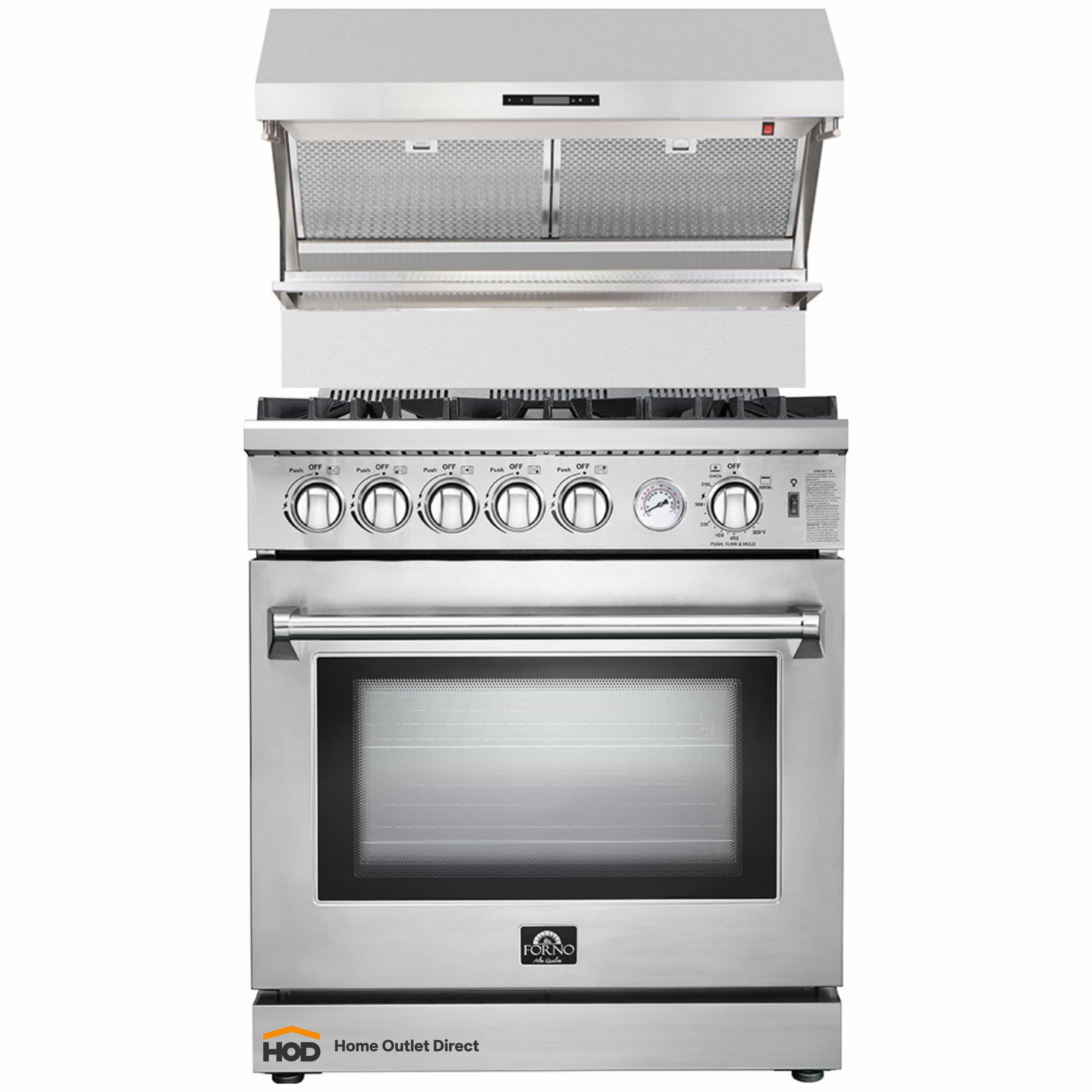 Forno 2-Piece Appliance Package - 30-Inch Gas Range & Wall Mount Hood with Backsplash in Stainless Steel