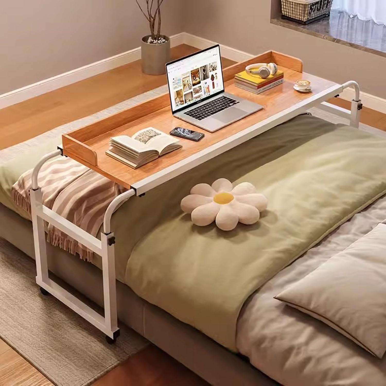 Over Bed Desk Height Adjustable 65-95cm，Overbed Table Computer Desk with Desktop Baffle Food Tray Desk Rolling Medical Table Portable Desk with Castor Wheels(Color:Wood)