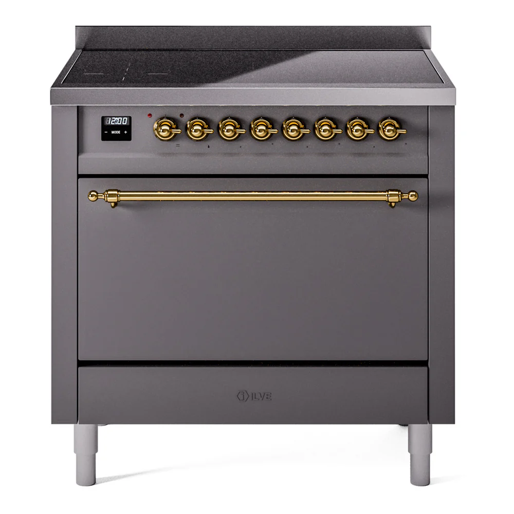 ILVE 36-Inch Nostalgie II Induction Range with Solid Door Oven in Matte Graphite with Brass Trim (UPI366QNMPMGG)