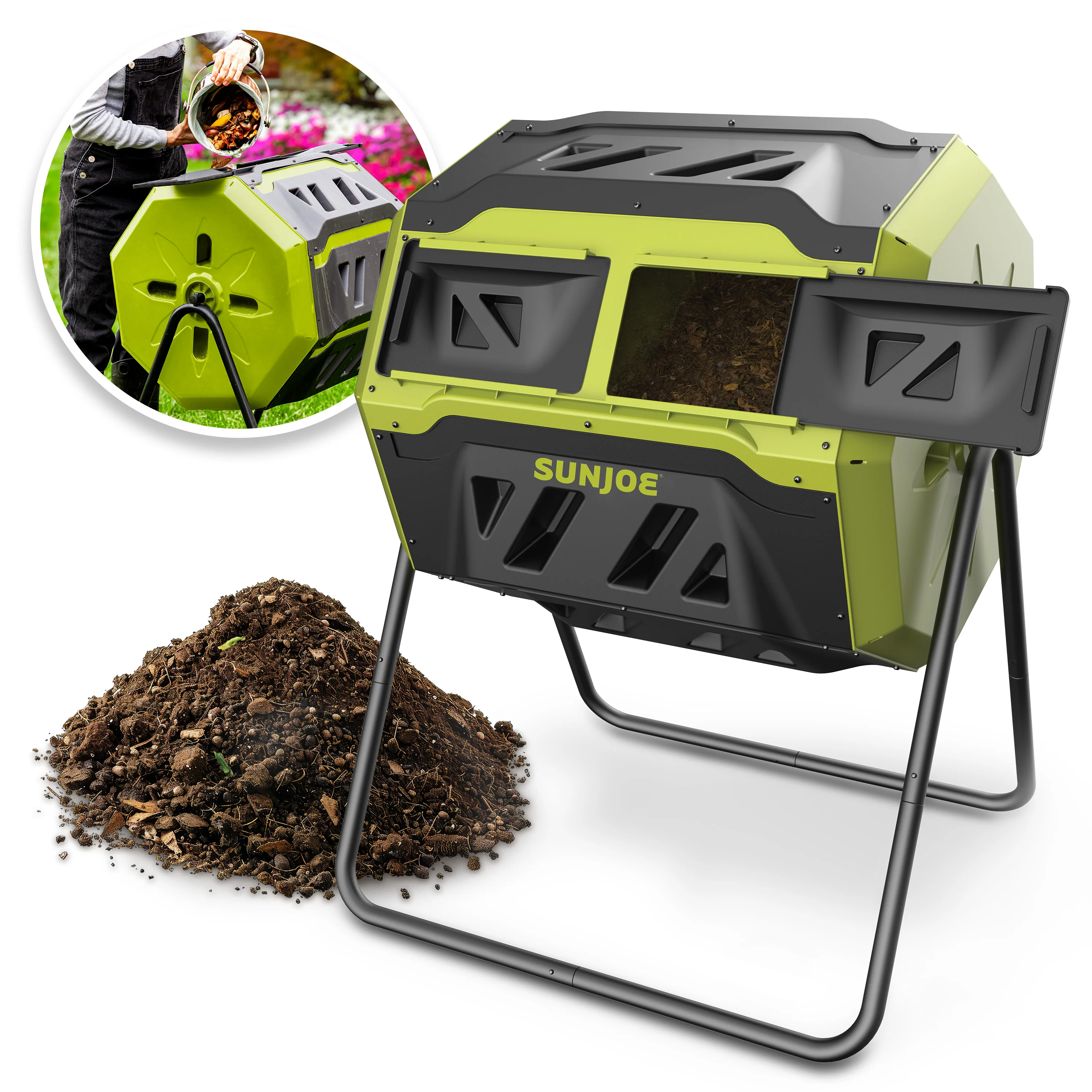Sun Joe SJ-CMPS1 All-Season Outdoor Tumbling Composter | Dual Sliding Chamber | 42-Gallon | 2-10 Weeks
