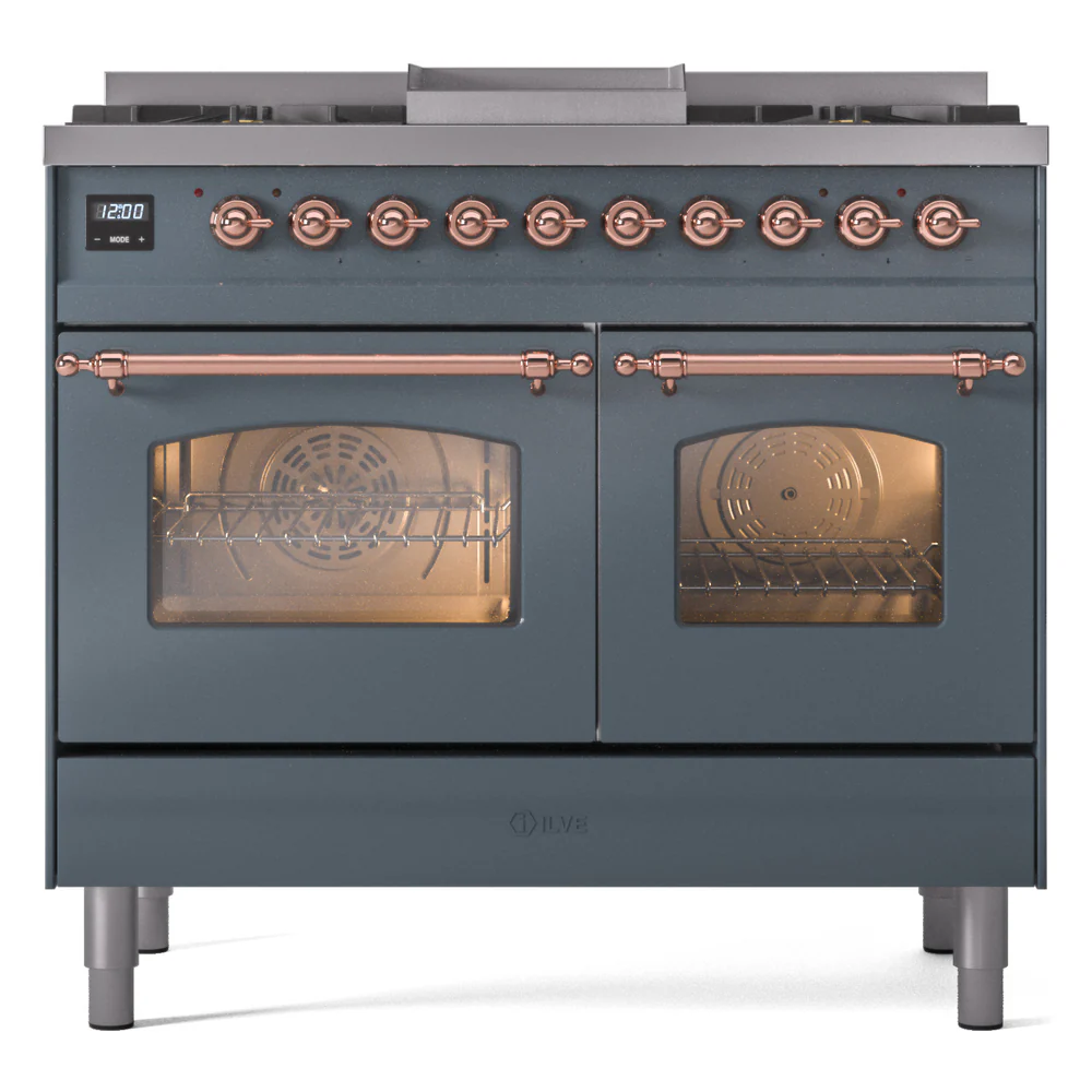 ILVE Nostalgie II 40-Inch Dual Fuel Freestanding Range in Blue Grey with Copper Trim (UPD40FNMPBGP)