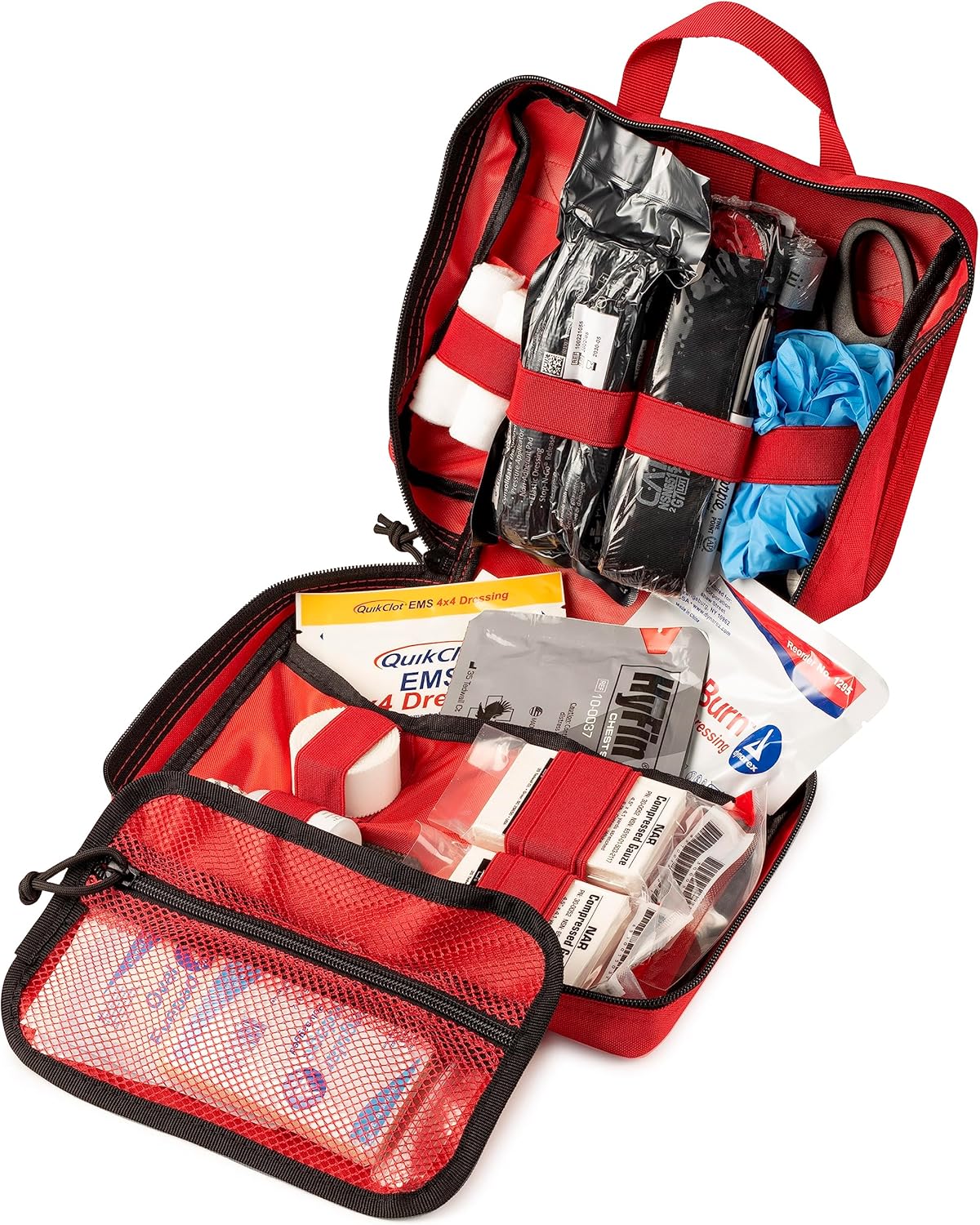 Scherber Vehicle IFAK Emergency Trauma Kit | 25+ Medical Supplies & Equipment, NAR Tourniquet & CPR Mask | Fully Stocked Rip Away Molle Pouch for Car, Home & Professional First Aid | Basic, Red