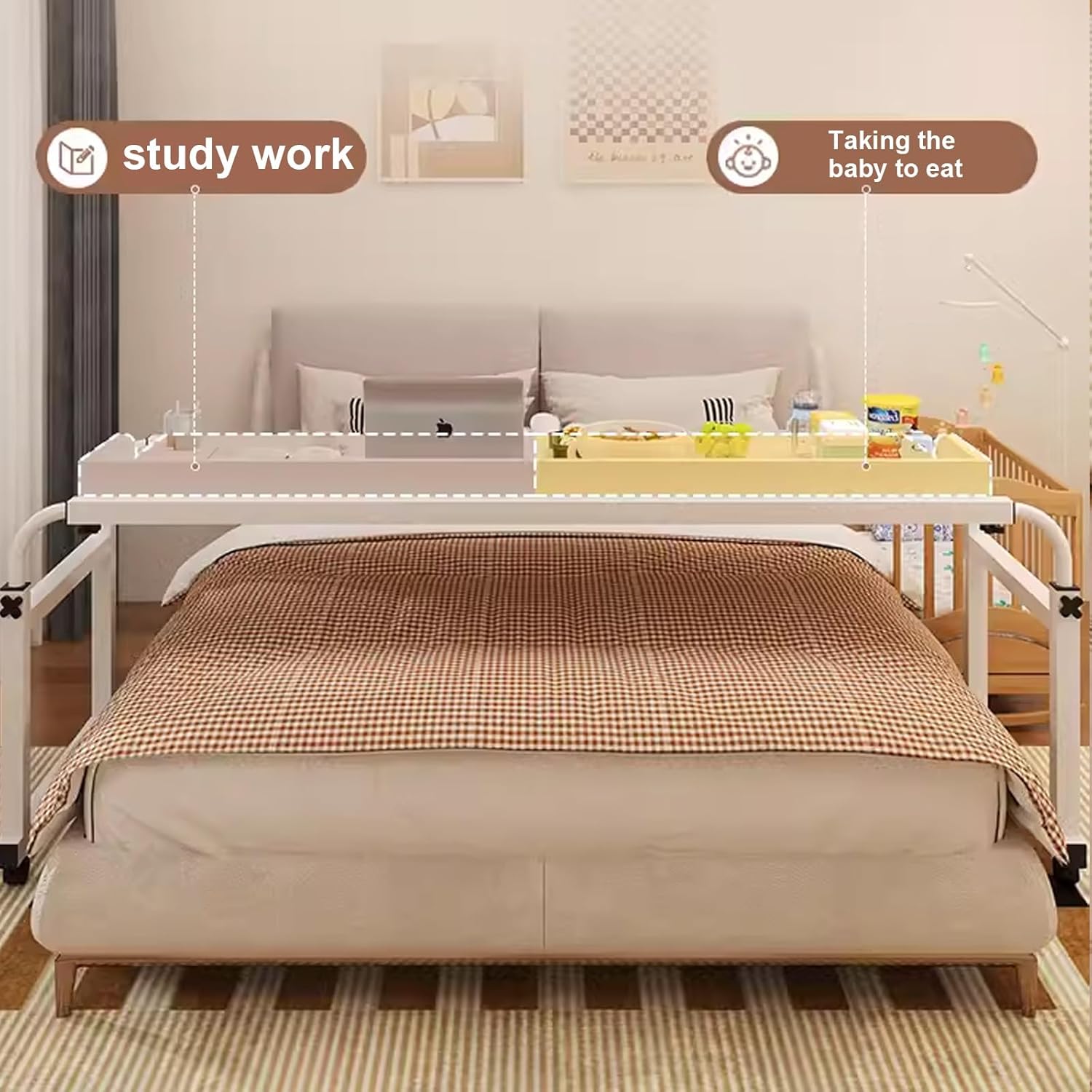 Adjustable Rolling Bed Table with Wheels, Portable Laptop Desk and Dining Table, Ideal for Home Office and Bedroom Use