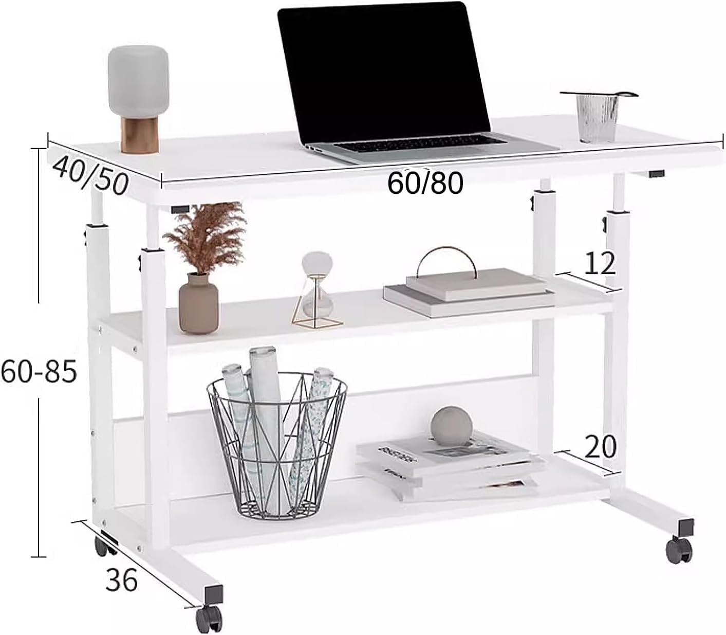 Over Bed Table with Wheels Adjustable Height Artificial Board Overbed Table, Removable Lift Bedside Table, Multi Tier Storage, Suitable for Home, Office, Hospital(White,80x50x60cm)