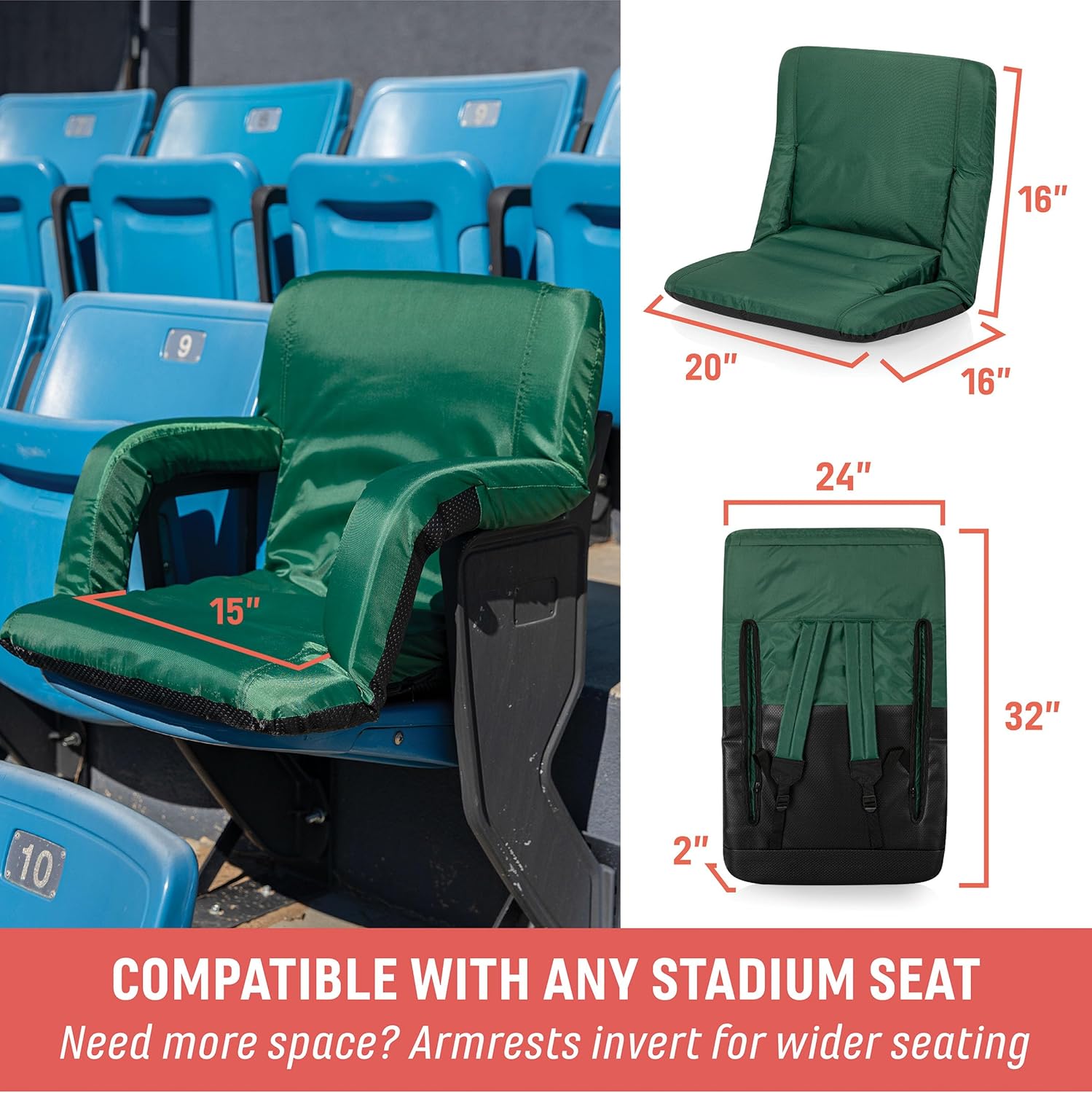 PICNIC TIME Ventura Portable Reclining Stadium Seat with Back Support, Folding Bleacher Chairs with Back and Cushion, Thick Padded Stadium Seat and Armrest, Six Backrest Positions, (Red)