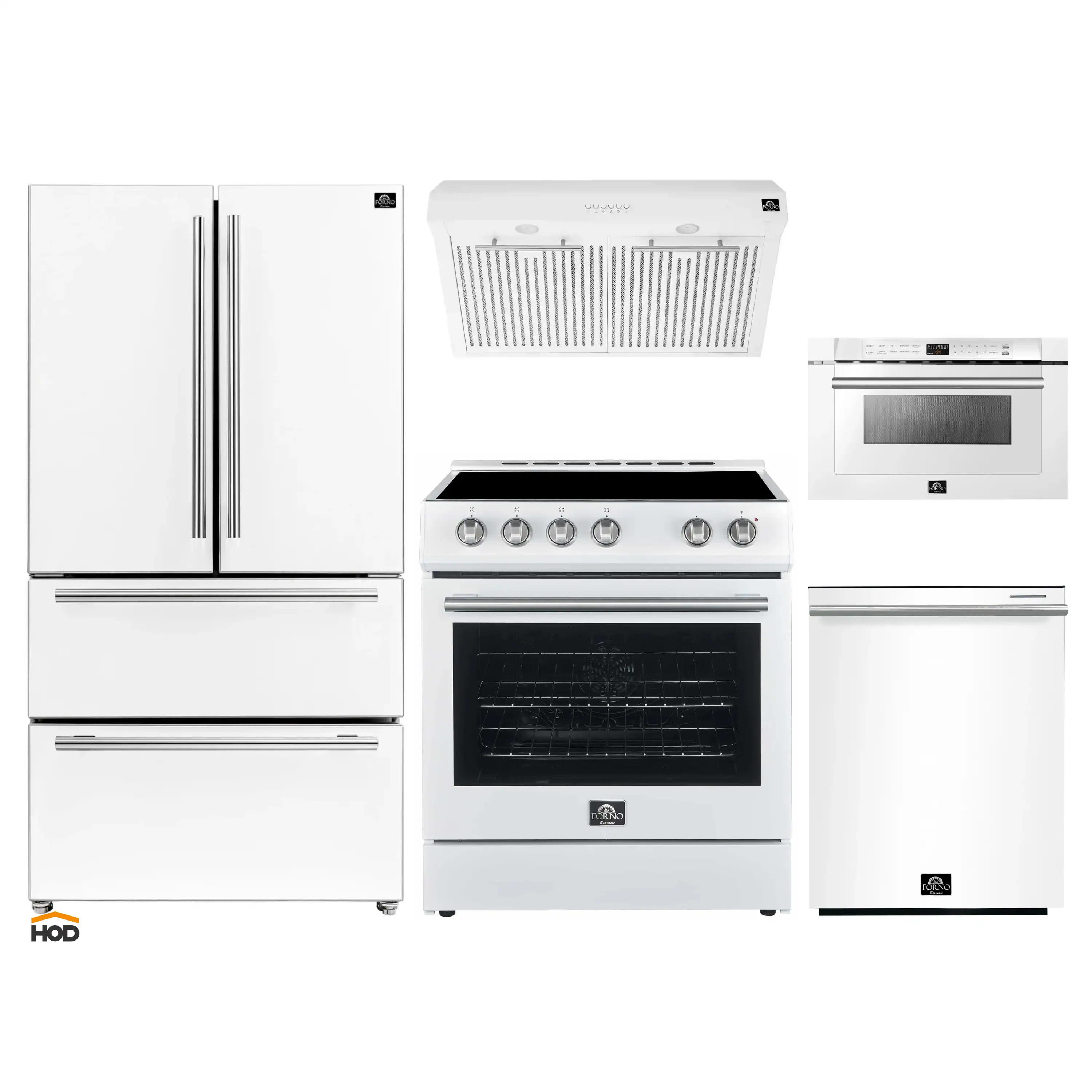 Forno 5-Piece Appliance Package - 30-Inch Electric Range, Under Cabinet Range Hood, French Door Refrigerator, Dishwasher , & Microwave Drawer in White with Stainless Steel Handle
