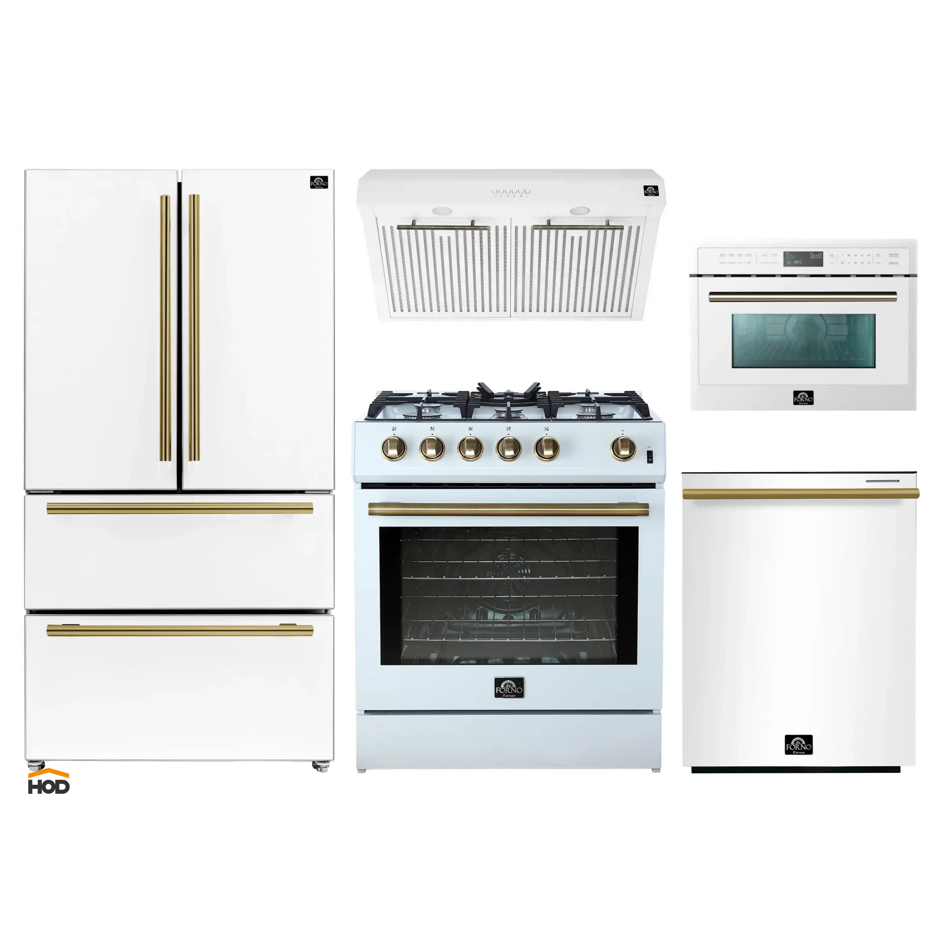 Forno 5-Piece Appliance Package - 30-Inch Gas Range, Under Cabinet Range Hood, Refrigerator, Dishwasher, and  24-Inch Microwave Oven in White with Antique Brass Trim