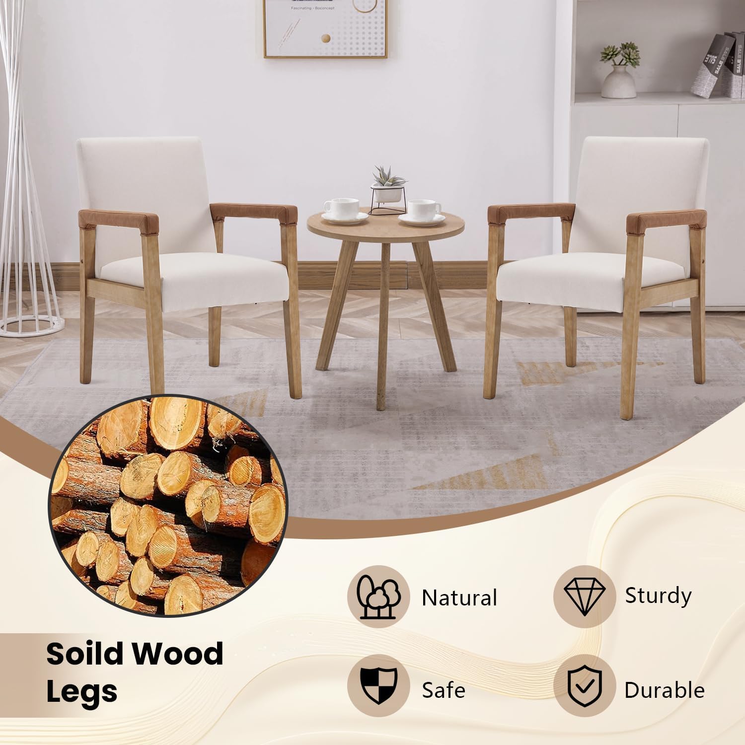 Kmax Modern Dining Chairs Set of 4 Linen Fabric Kitchen Arm Chairs Upholstered Accent Chairs with Wooden Legs for Dining Room, Living Room, Bedroom, White