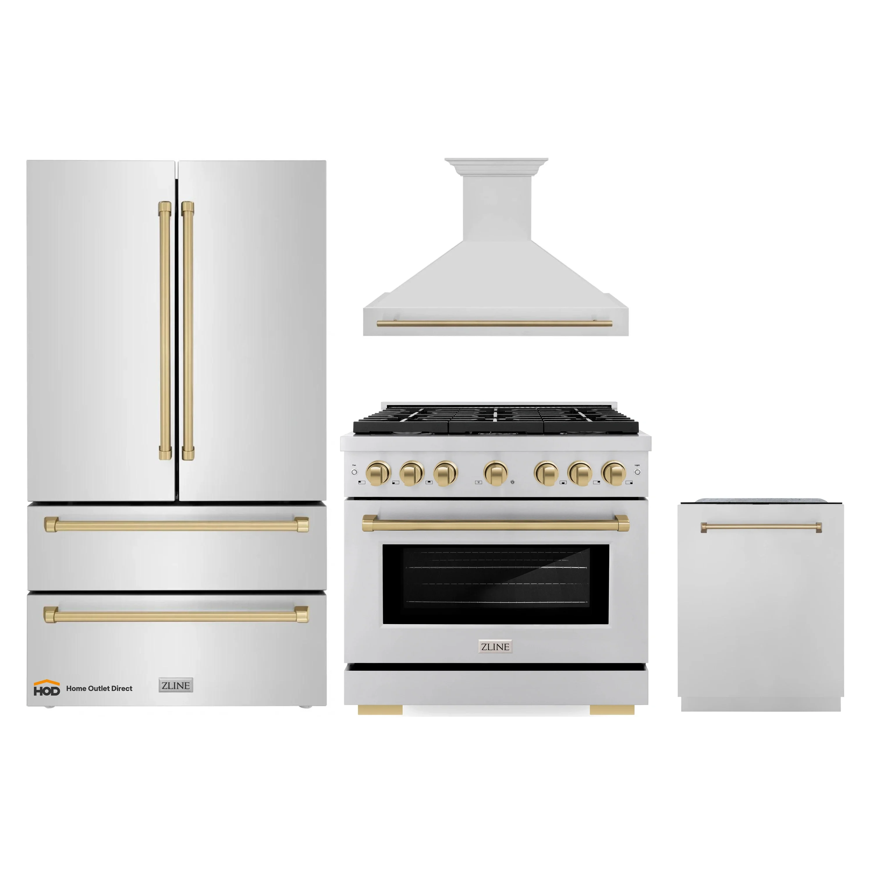 ZLINE Autograph Edition 4-Piece Appliance Package - 36-Inch Gas Range, Refrigerator, Wall Mounted Range Hood, & 24-Inch Tall Tub Dishwasher in Stainless Steel with Champagne Bronze Trim (4KAPR-SGRRHDWM36-CB)