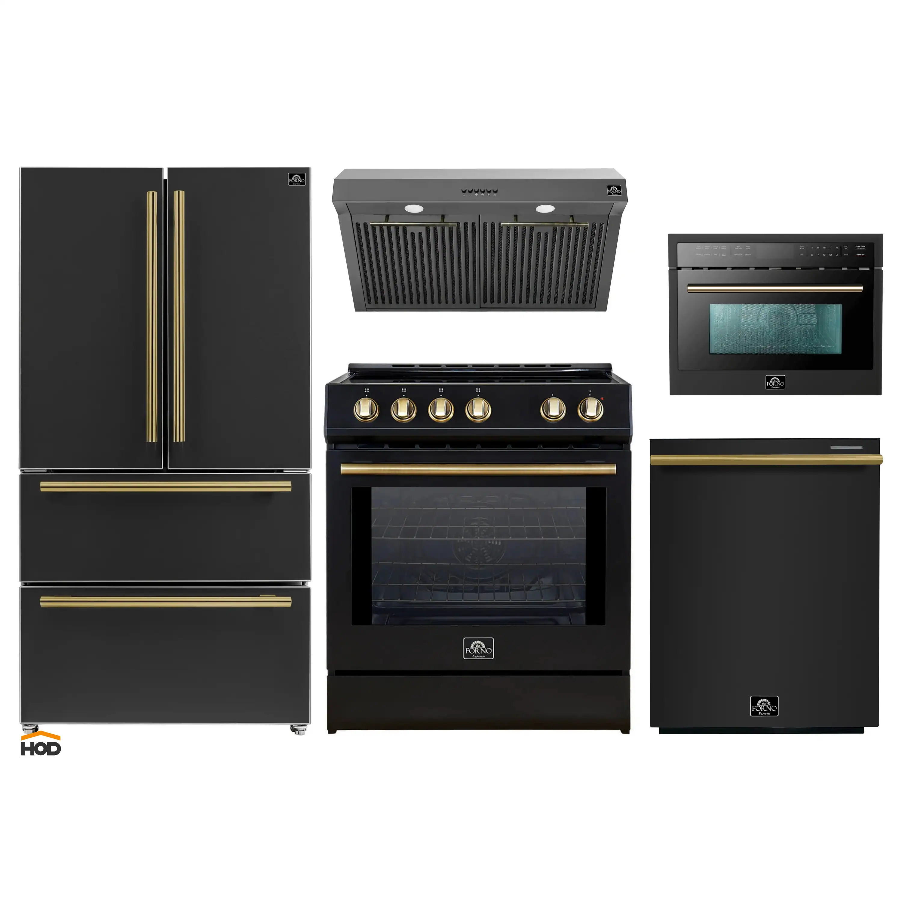 Forno 5-Piece Appliance Package - 30-Inch Inducton Range, Under Cabinet Range Hood, Refrigerator, Dishwasher, and 24-Inch Microwave Oven in Black with Antique Brass Trim