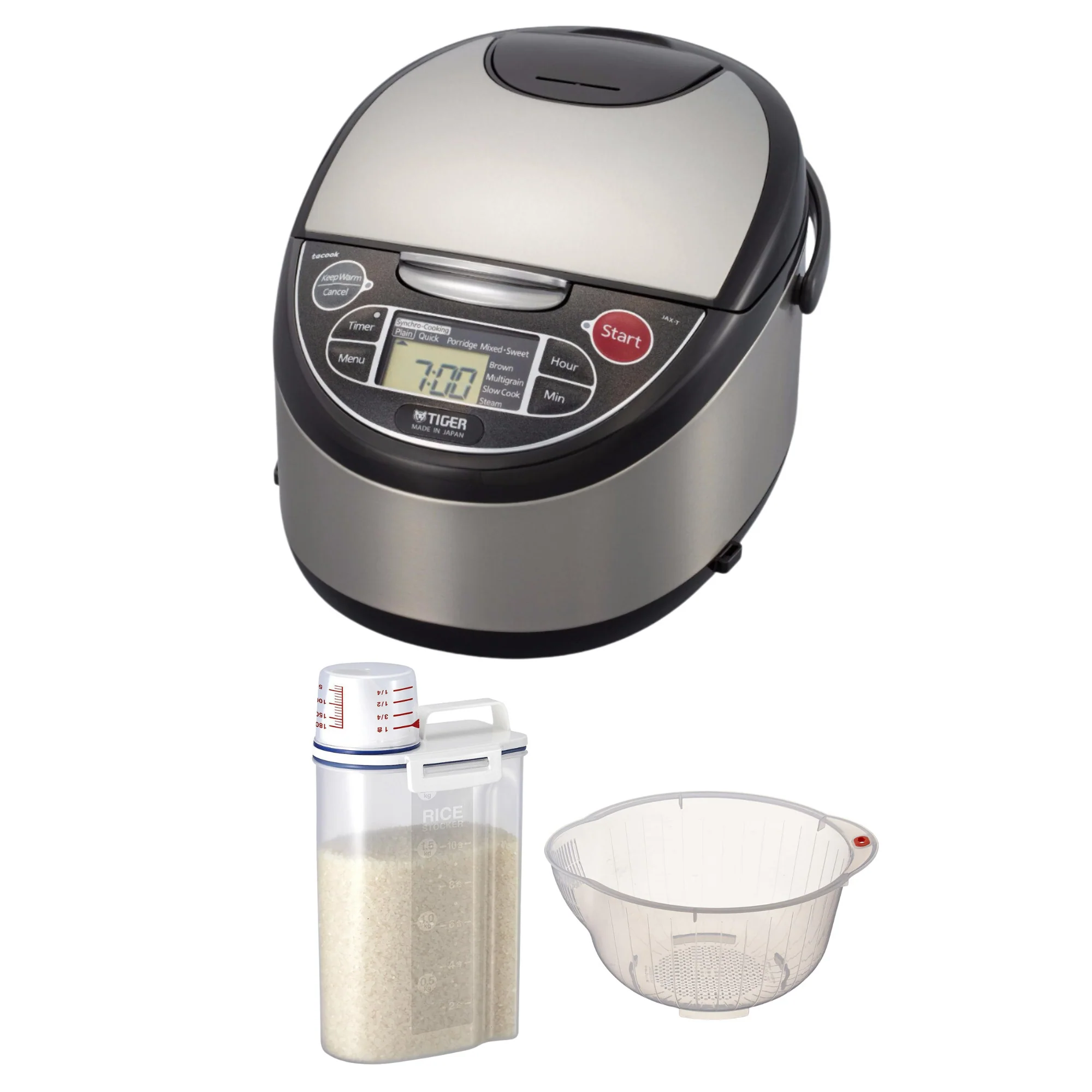 Tiger Stainless Steel/Black Rice Cooker - 10-Cup Rice Cooker w/Rice Bin Bundle