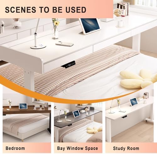 Adjustable Overbed Table with Wheels - Mobile Laptop Cart, Electric Lift Height & Drawer, Standing Workstation for Home Office & Hospital Use