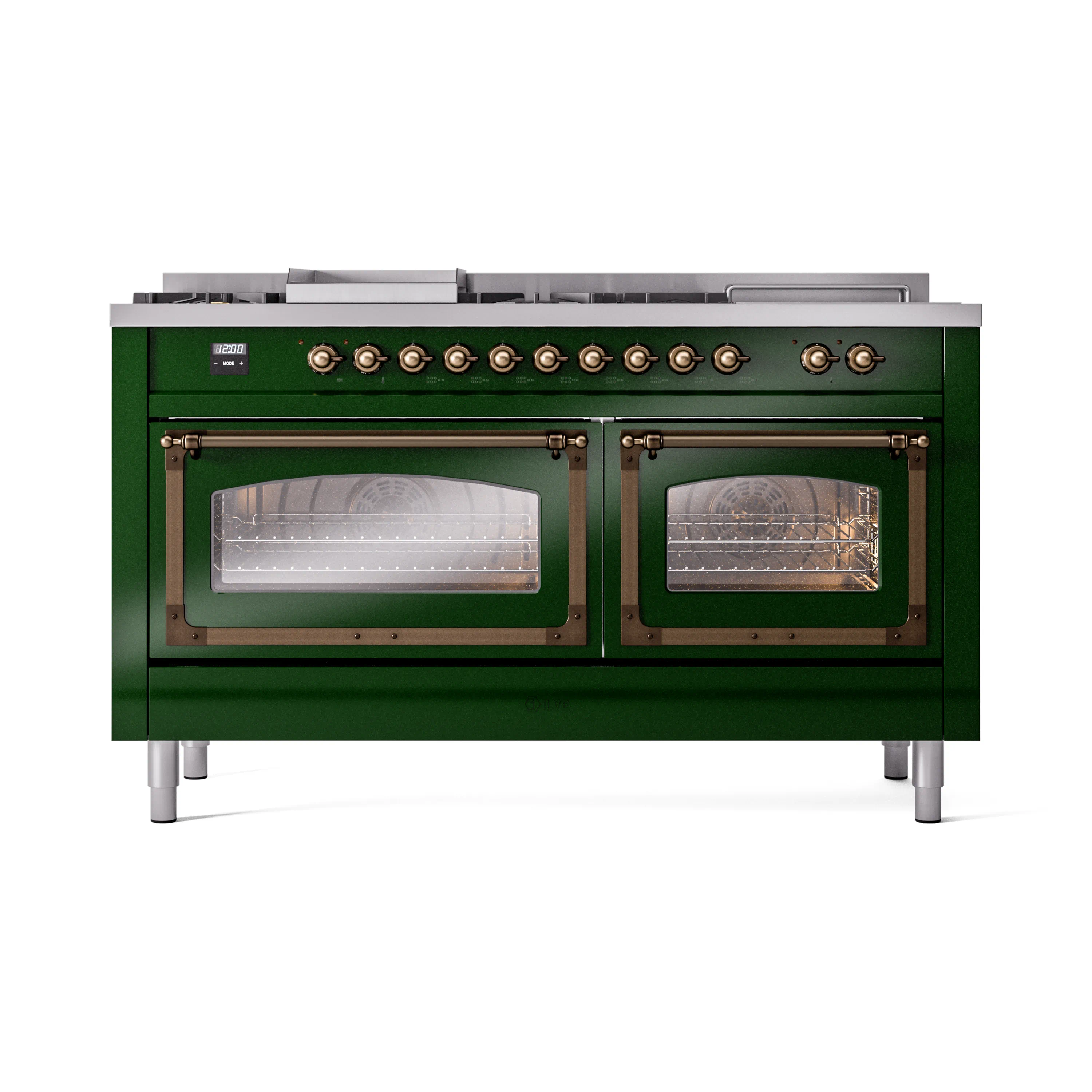 ILVE 60-Inch Nostalgie II Noblesse Dual Fuel Range with 7 Sealed Burners, Griddle, French Top, and Triple Glass Door Oven in Emerald Green with Bronze Trim (UN60FSNMPEGB)