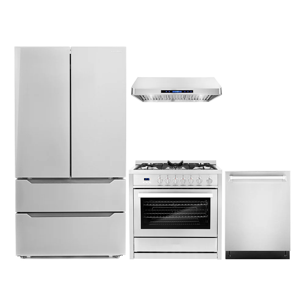 Cosmo 4-Piece Appliance Package - 36-Inch Single Oven Gas Range, Under Cabinet Range Hood, Dishwasher, and Refrigerator in Stainless Steel (COS-4PKG-005)