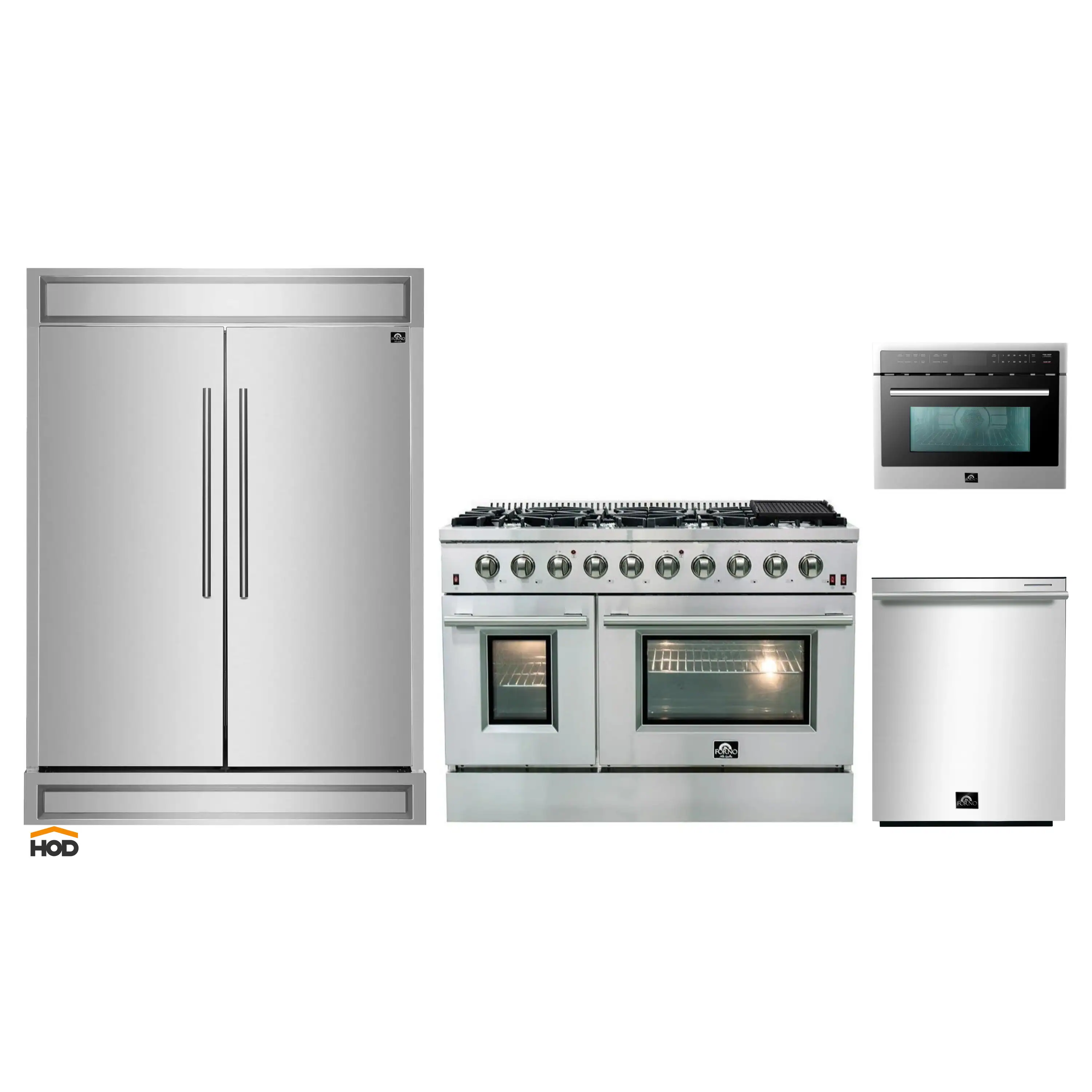 Forno 4-Piece Appliance Package - 48-Inch Gas Range, 60-Inch Refrigerator, 24-Inch Microwave Oven, & 3-Rack Dishwasher in Stainless Steel