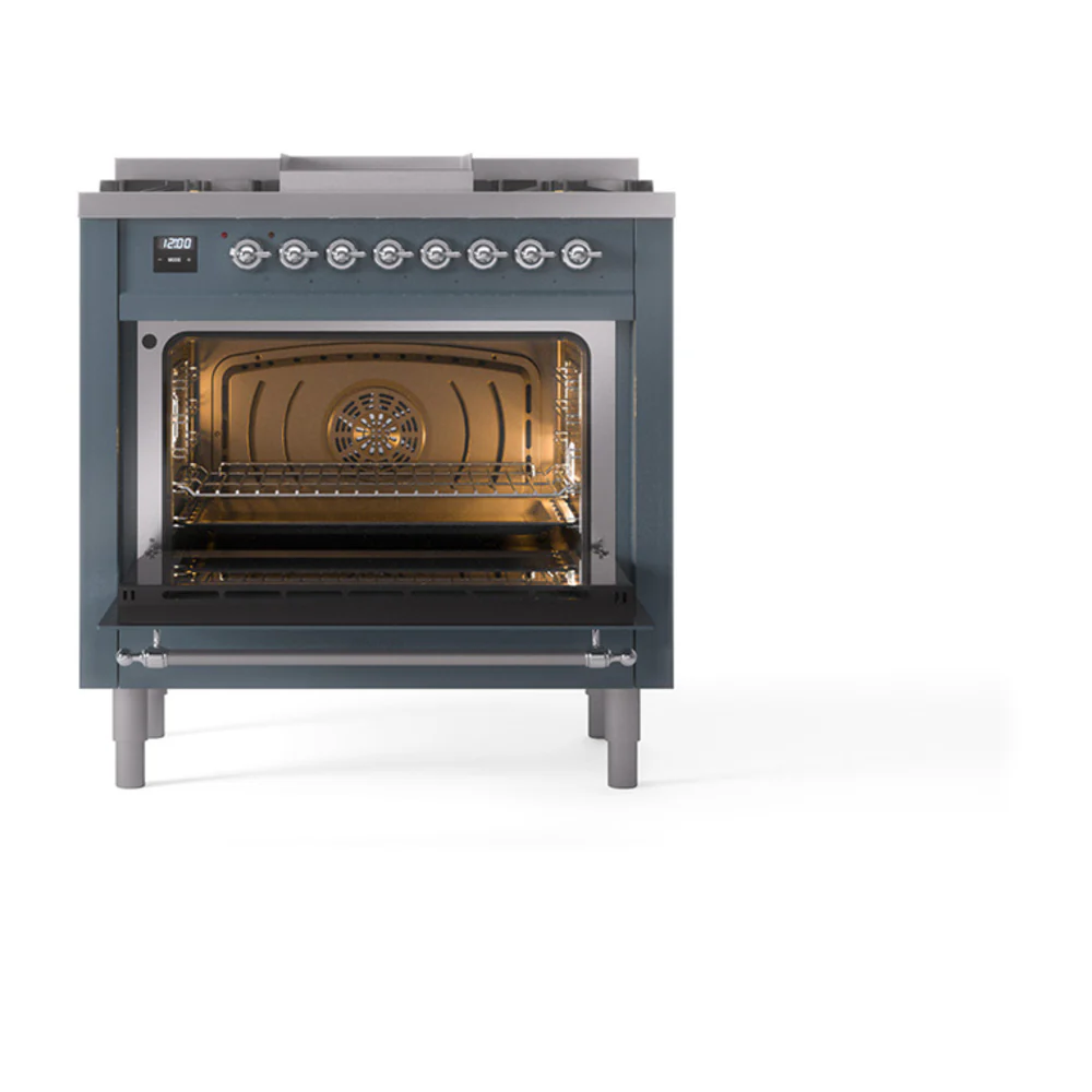 ILVE 36-Inch Nostalgie II Dual Fuel Range with 6 Burners and Solid Door Oven in Blue Grey with Chrome Trim (UP36FQNMPBGC)