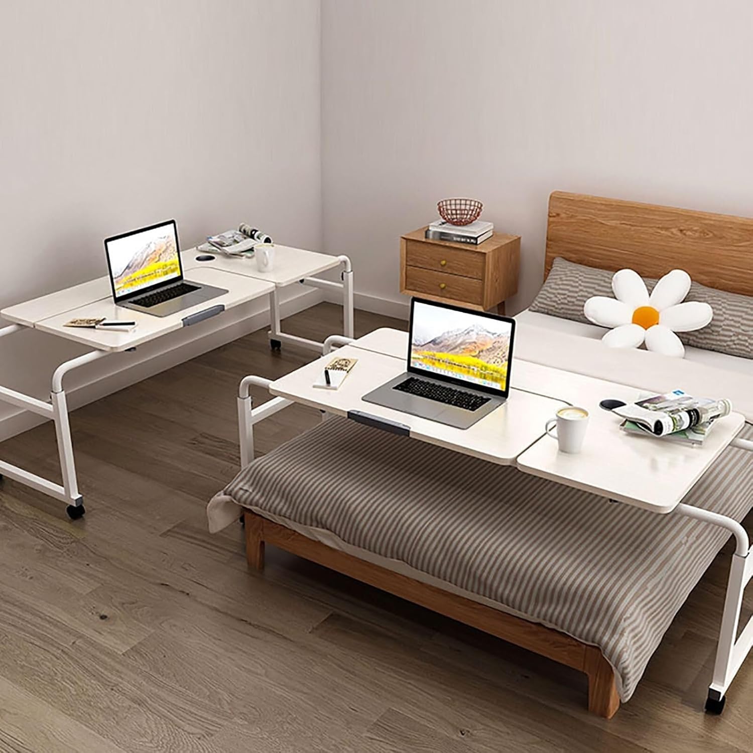 Adjustable Overbed Table with Wheels, Mobile Hospital Bedside Desk, Height & Length Adjustable, Tiltable Computer Workstation, for Home Use, Teak Finish(61cm)