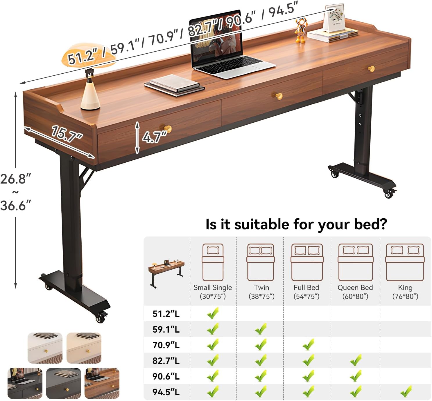 Over Bed Desk, Adjustable Height Overbed Table with Wheels & Hand Crank, Giant Portable Desk Over Bed for Laptop, Reading & Home Office, Fits Twin/Full/Queen/King Beds