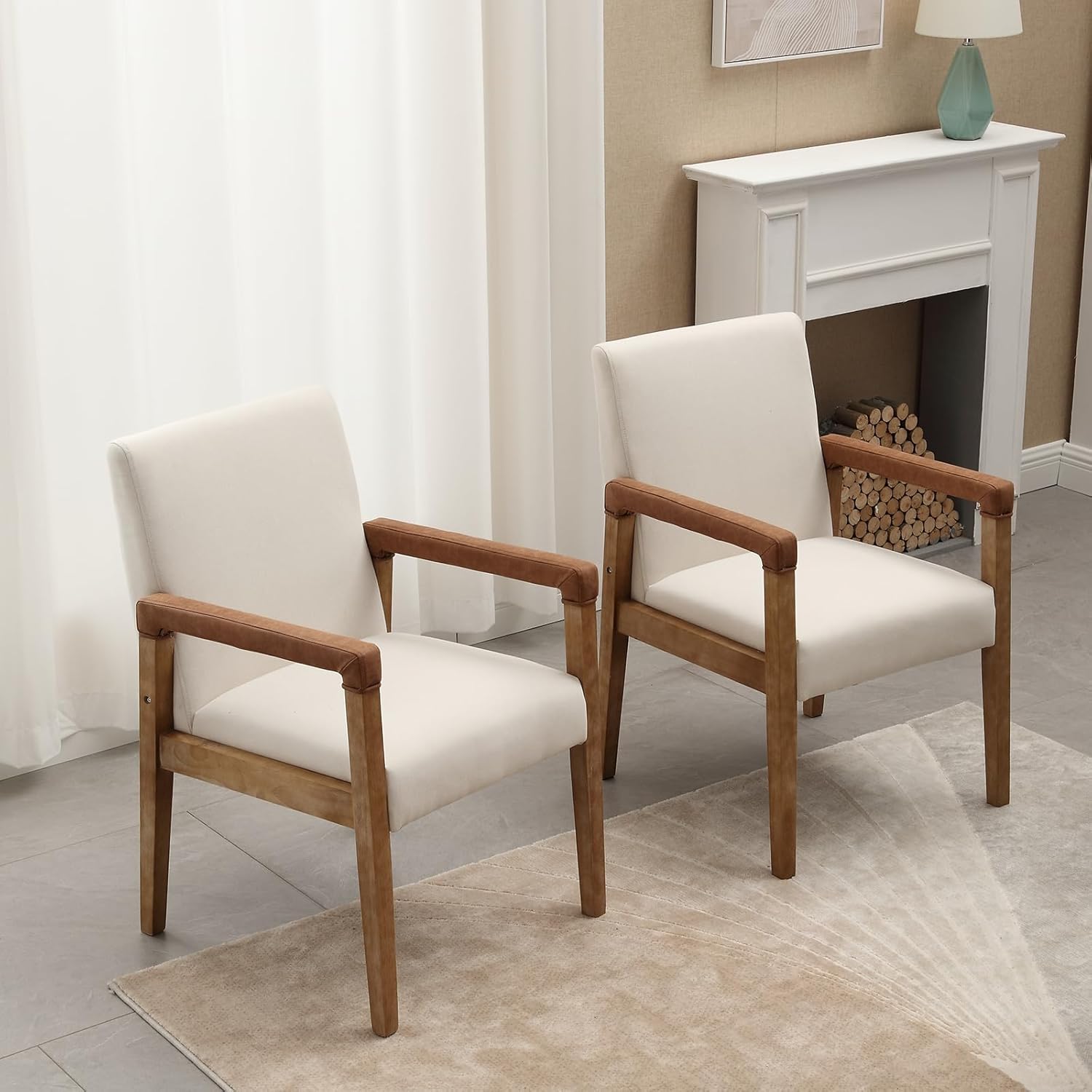 Kmax Modern Dining Chairs Set of 4 Linen Fabric Kitchen Arm Chairs Upholstered Accent Chairs with Wooden Legs for Dining Room, Living Room, Bedroom, White