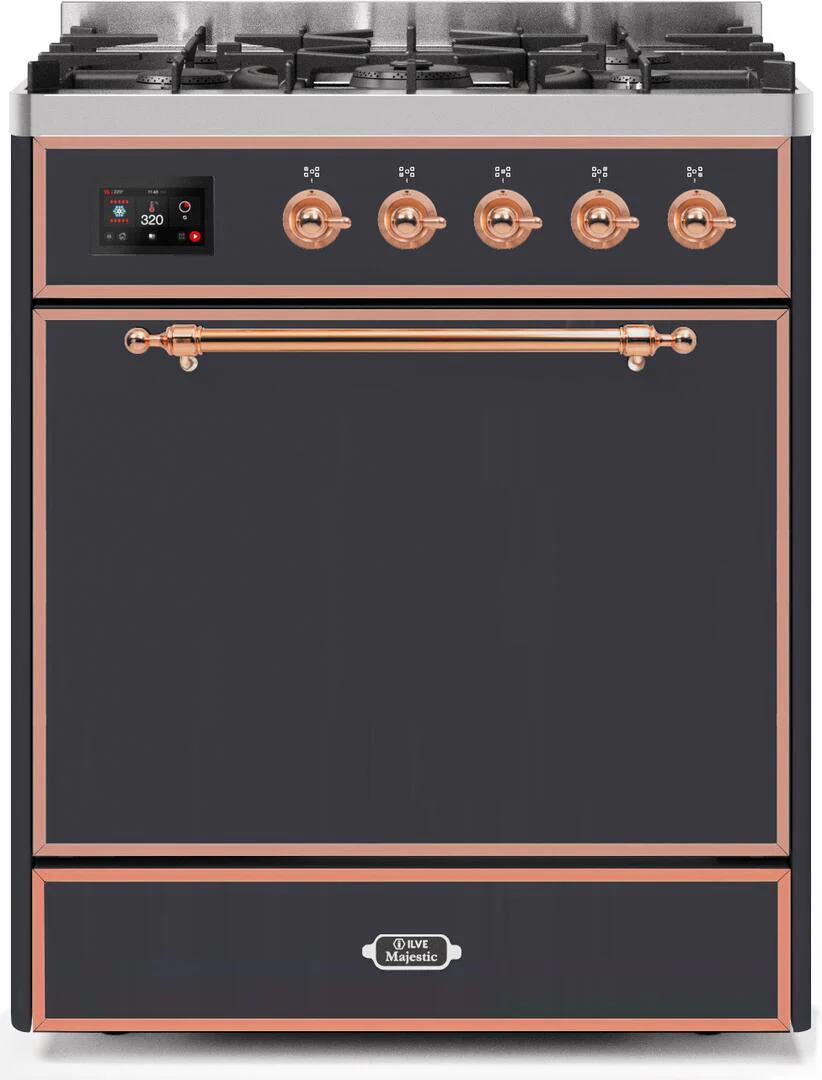 ILVE 30-Inch Majestic II Dual Fuel Range with 5 Burners - 4 cu. ft. Solid Door Oven - Copper Trim in Matte Graphite with Copper Trim (UM30DQNE3MGP)