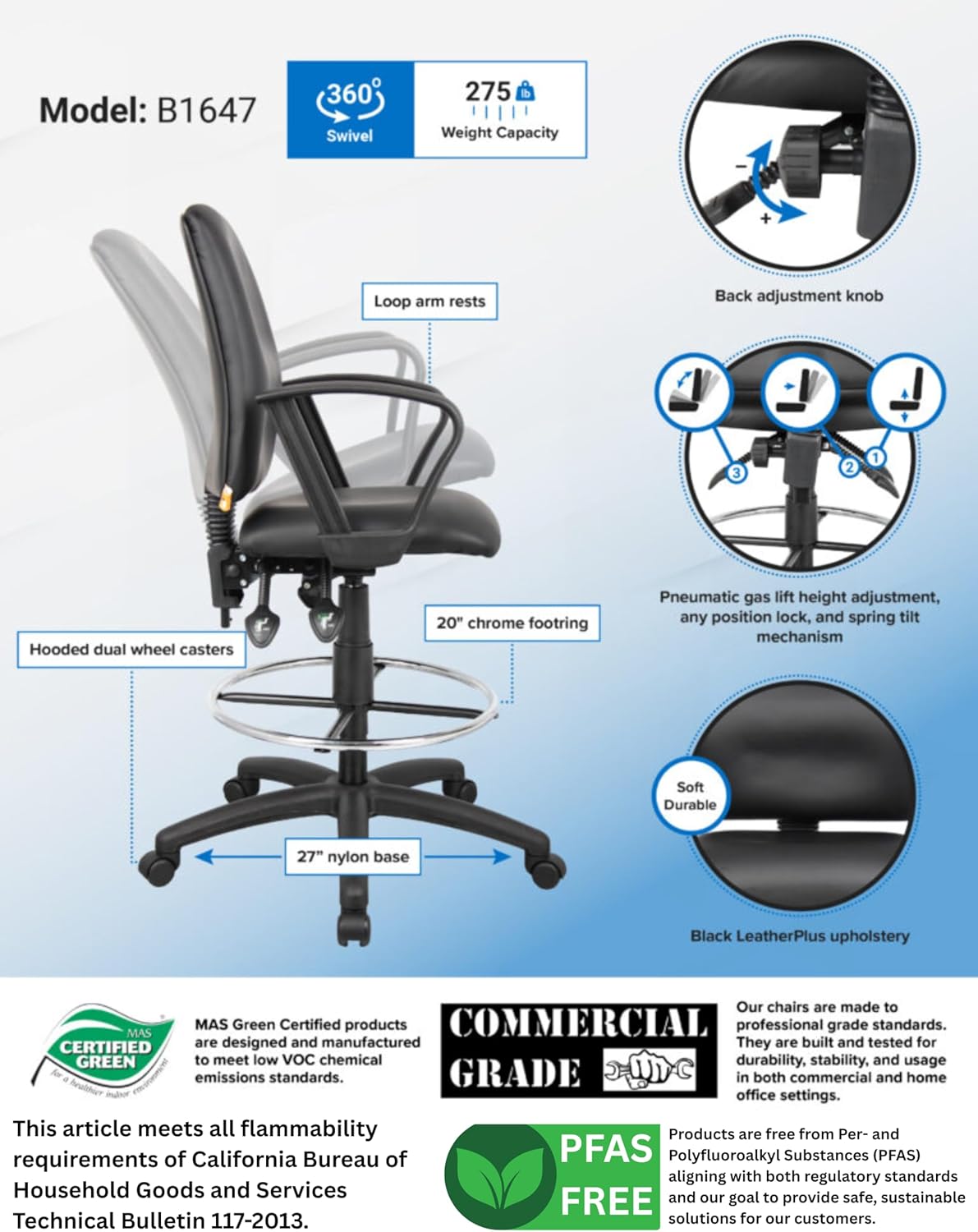 BOSS Multi-Function Leatherplus Drafting Stool with Loop Arms, Black (B1647)