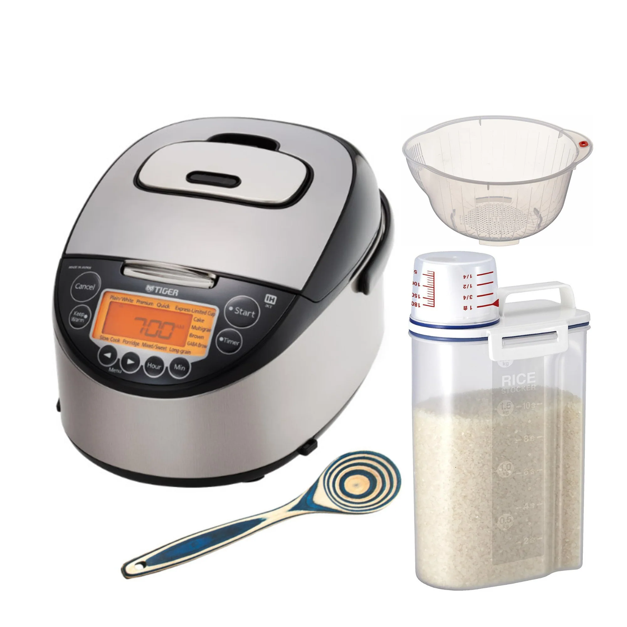 Tiger JKT-D10U Rice Cooker Bundle with Bamboo Spoon, Rice Washing Bowl