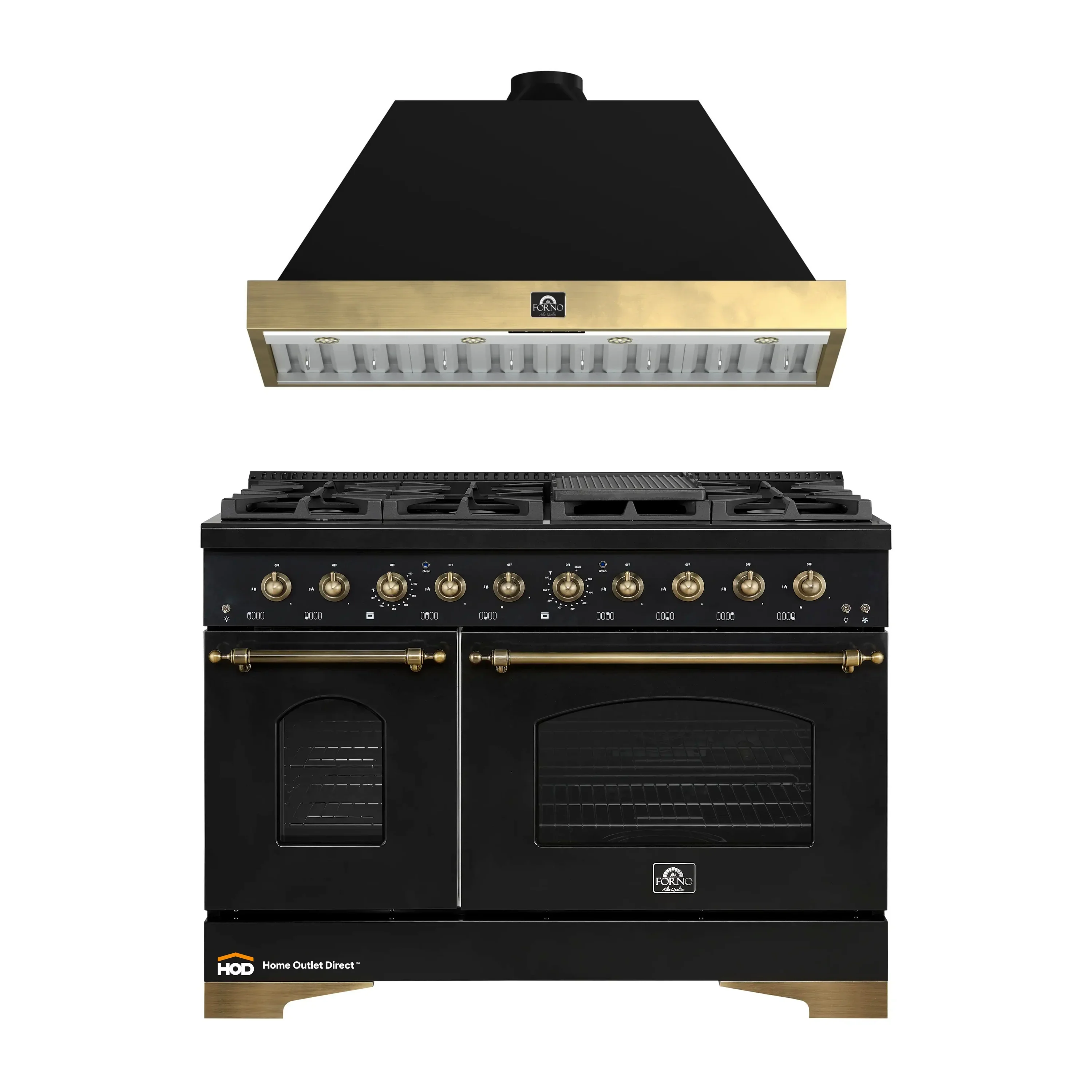 Forno Antico 2-Piece Appliance Package - 48-Inch Gas Range & 48-Inch Wall Mount Range Hood in Black with Antique Brass Trim