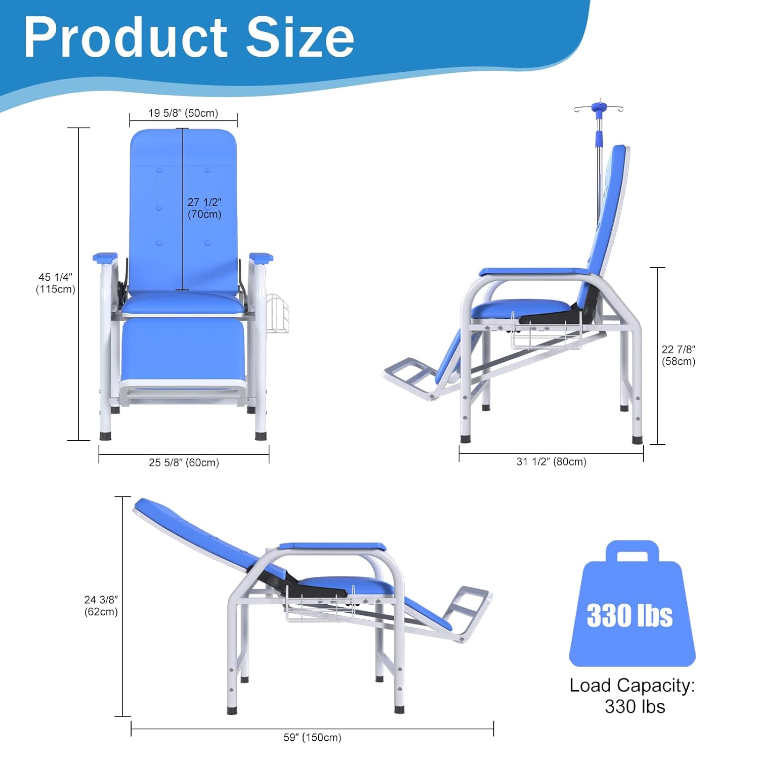 Adjustable Infusion Chair with IV Pole Stand, Lay Flat Medical Recliner Chairs, Hospital Phlebotomy Chair, Waiting Room Comfortable Padded Seat, Load Capacity 330 lbs
