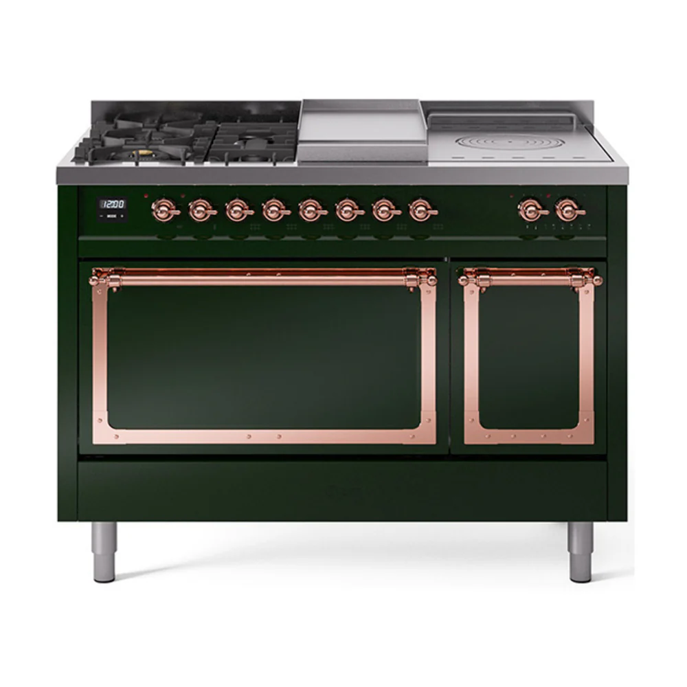 ILVE 48-Inch Nostalgie II Noblesse Dual Fuel Range with 5 Sealed Burners, Griddle, French Top and Solid Door Oven in Emerald Green with Copper Trim (UN48FSQNMPEGP)