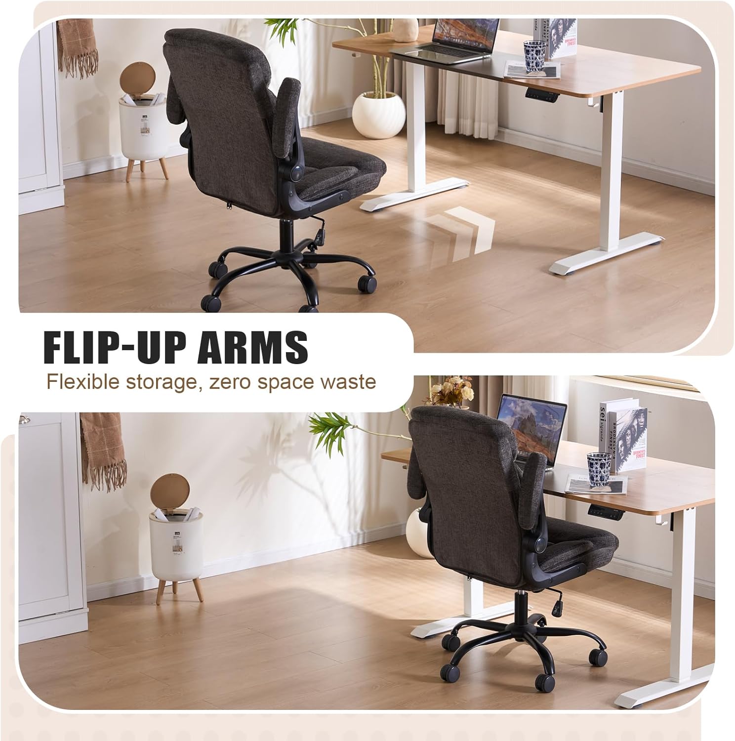 Cloth Office Chair Comfy Fabric Executive Chair, Ergonomic Computer Desk Chairs with Flip-up Armrests, Lumbar Support, 360° Swivel for Home Office, Work, Study, Small Gaming Chair with Wheels | Grey
