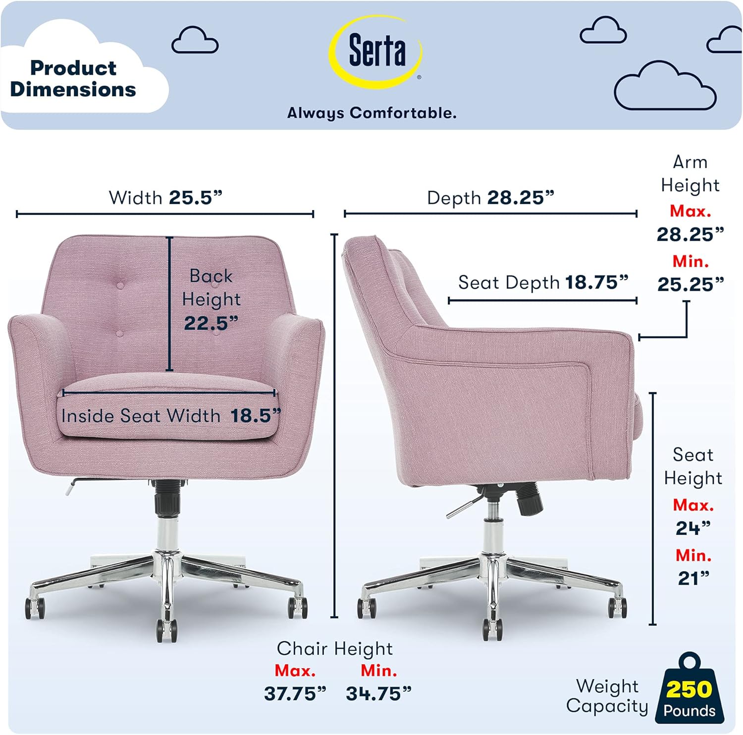 Serta Ashland Home Office Desk Chair with Button Tufted Mid-Back, Memory Foam Cushion and Padded Arms, Mid Century Modern Vanity Armchair with Wheels for Bedroom, Chrome Metal Base, Lilac