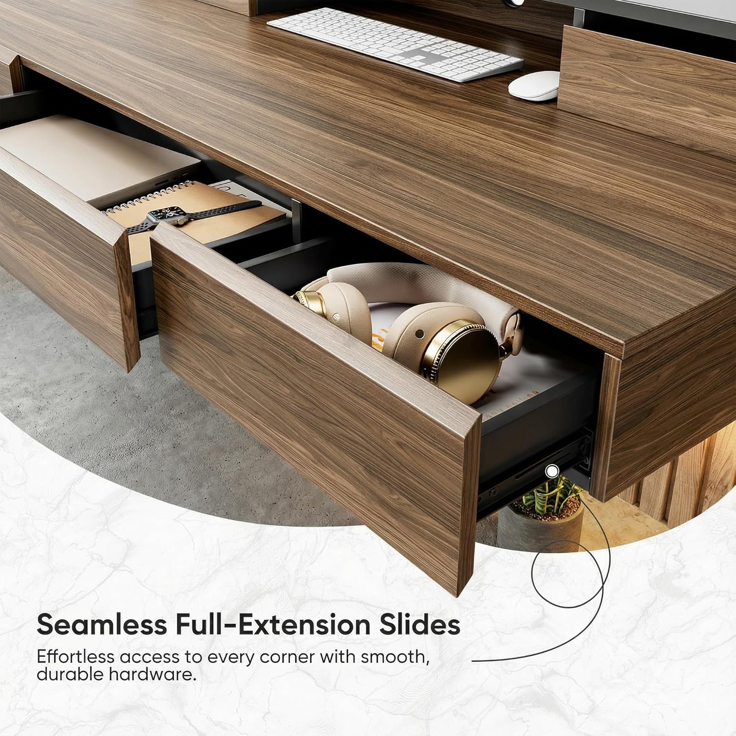 ErGear Electric Standing Desk with 5 Solid Wood Drawers, 48 x 26 Inches Whole Piece Desktop, with Desktop Riser Stand, Compatible with C-Clamp Monitor Arms, Modern Office Desk, Dark Walnut