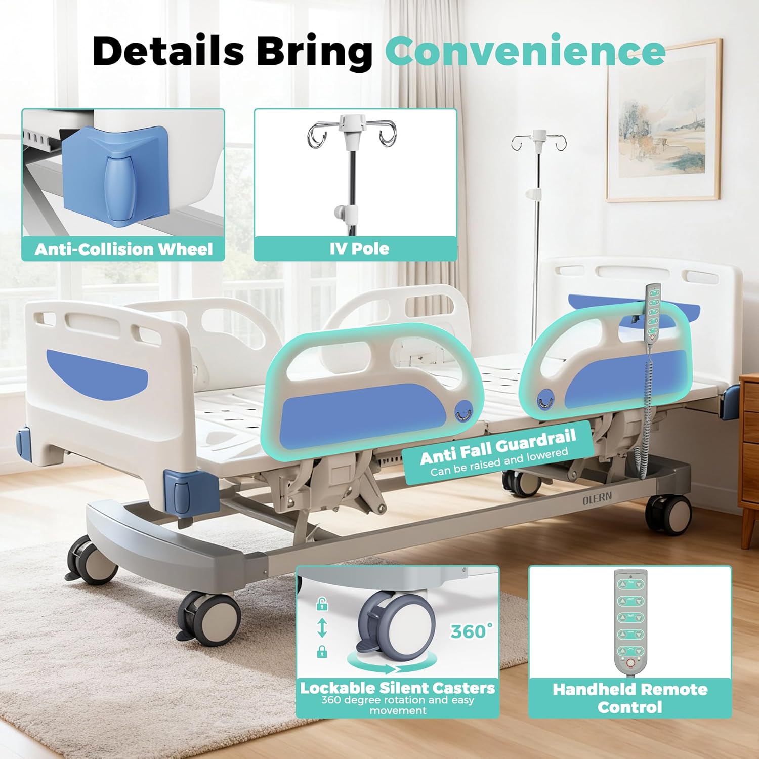 Advanced 5-Function Full Electric Hospital Bed,Adjustable Height Electric ICU Medical Bed for Home Use With 4.7