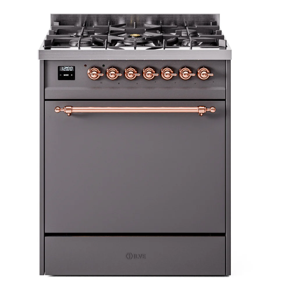 ILVE Nostalgie II 30-Inch Dual Fuel Range with Solid Door in Matte Graphite with Copper Trim (UP30QNMPMGP)