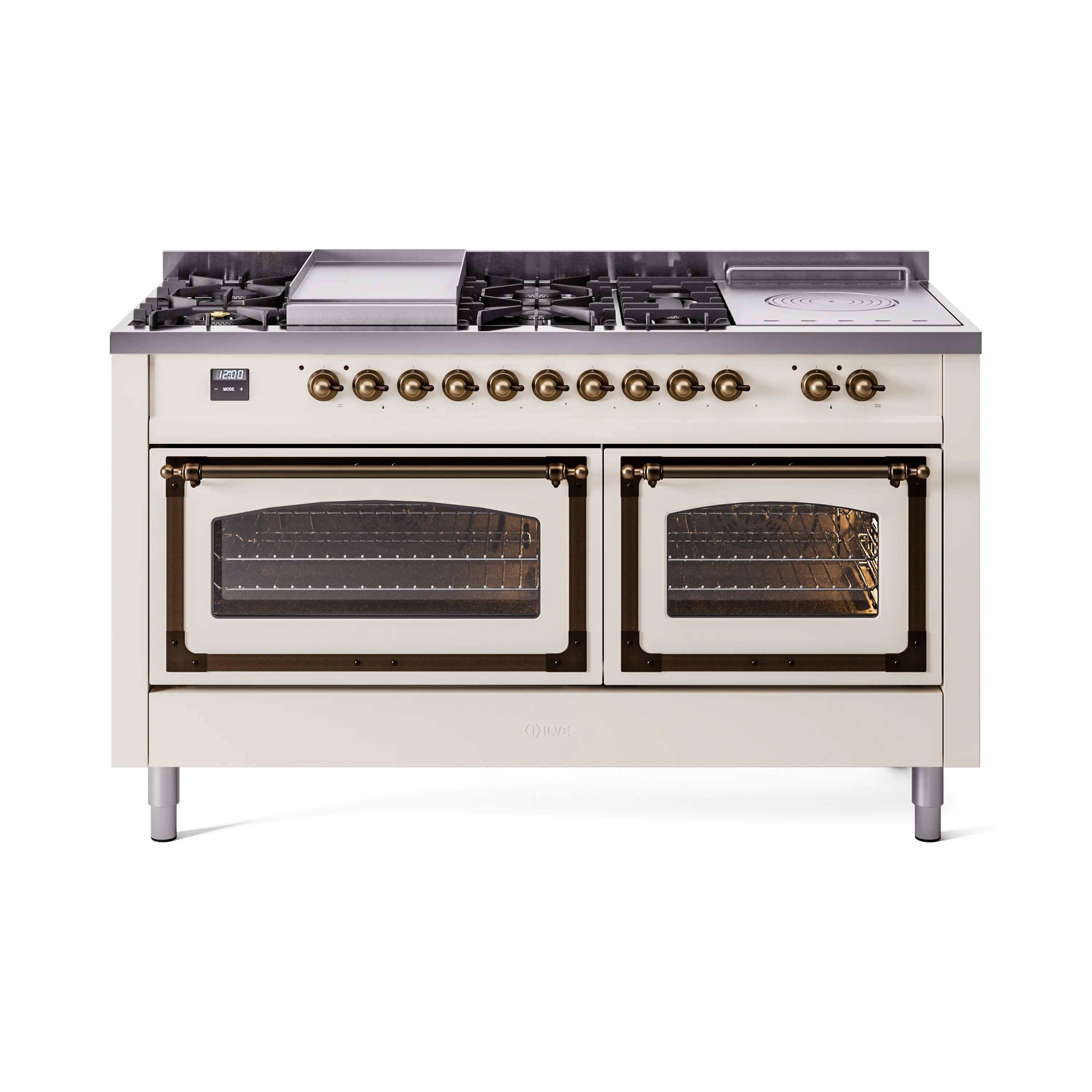 ILVE 60-Inch Nostalgie II Noblesse Dual Fuel Range with 7 Sealed Burners, Griddle, French Top and Triple Glass Door Oven in Antique White with Bronze Trim (UN60FSNMPAWB)