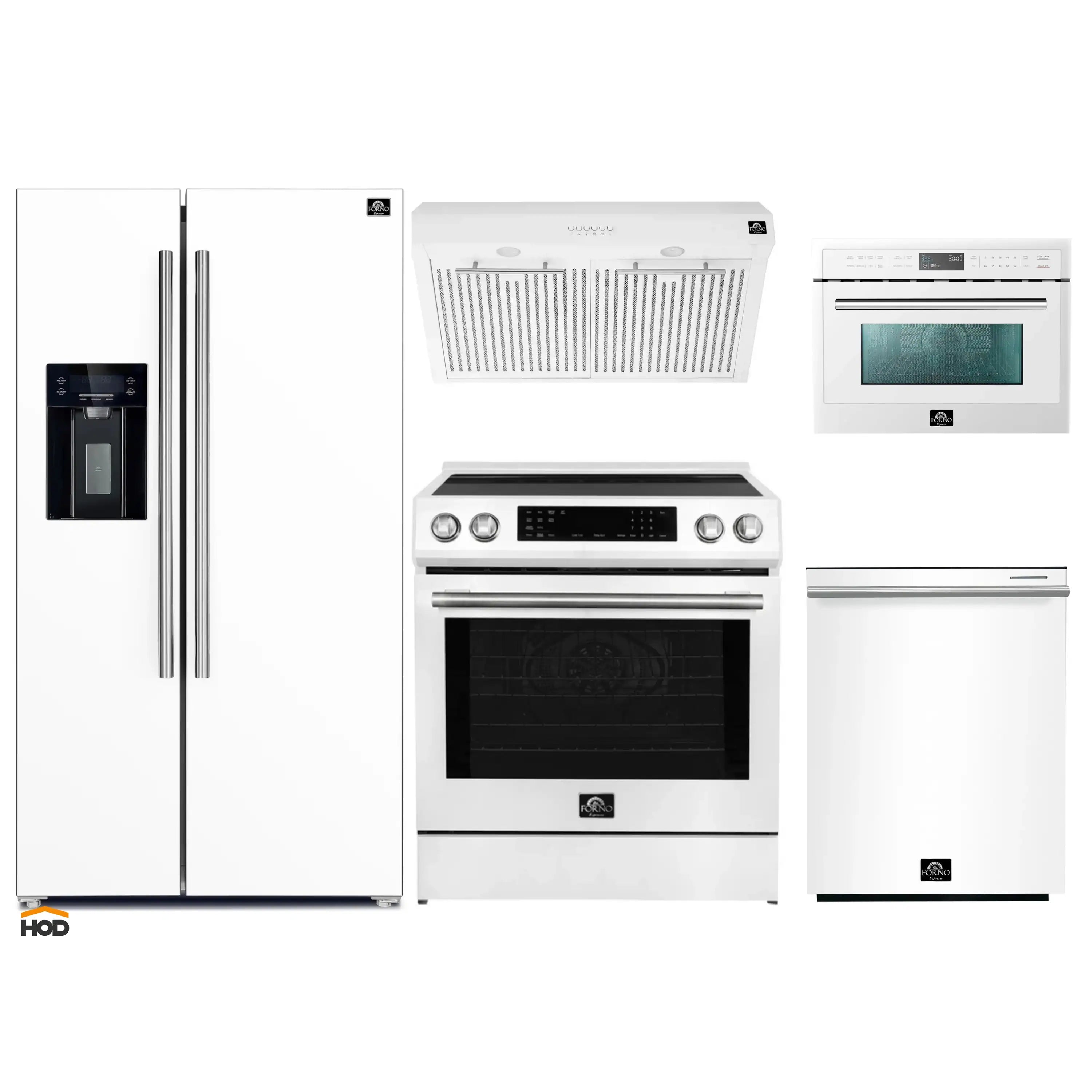 Forno 5-Piece Appliance Package - 30-Inch Inducton Range, Under Cabinet Range Hood, Refrigerator with Water Dispenser, Dishwasher, and  24-Inch Microwave Oven in White with Stainless Steel Trim