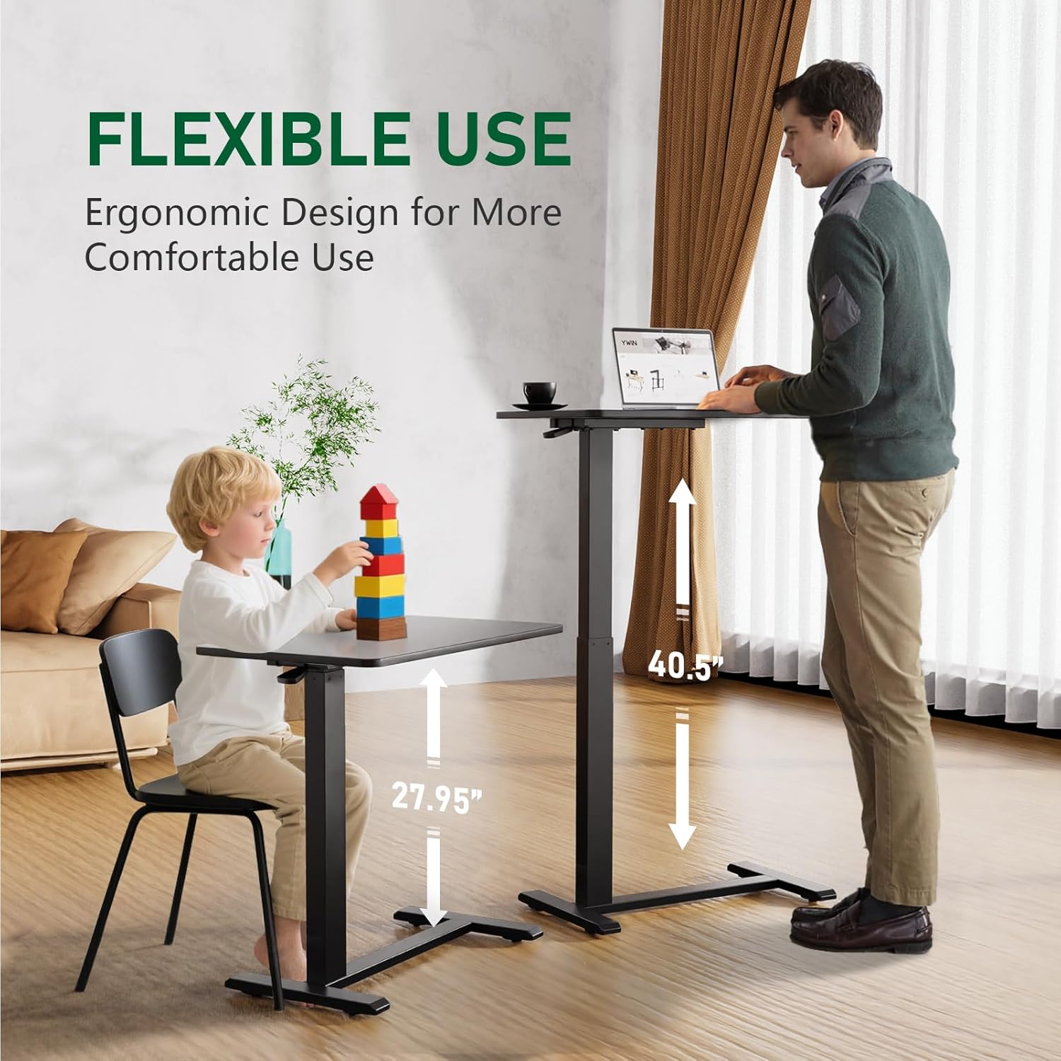 Ywin Medical Adjustable Overbed Bedside Table with Wheels, Rolling Standing Desk, Pneumatic Small Side Bed Table with Tray for Couch, Hospital, Home,Office Use (Black)