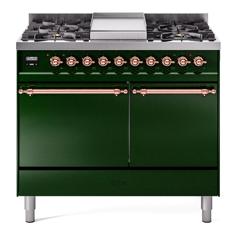 ILVE 40-Inch Nostalgie II Dual Fuel Range with 6 Burners, Griddle and Solid Door Oven in Emerald Green with Copper Trim (UPD40FQNMPEGP)