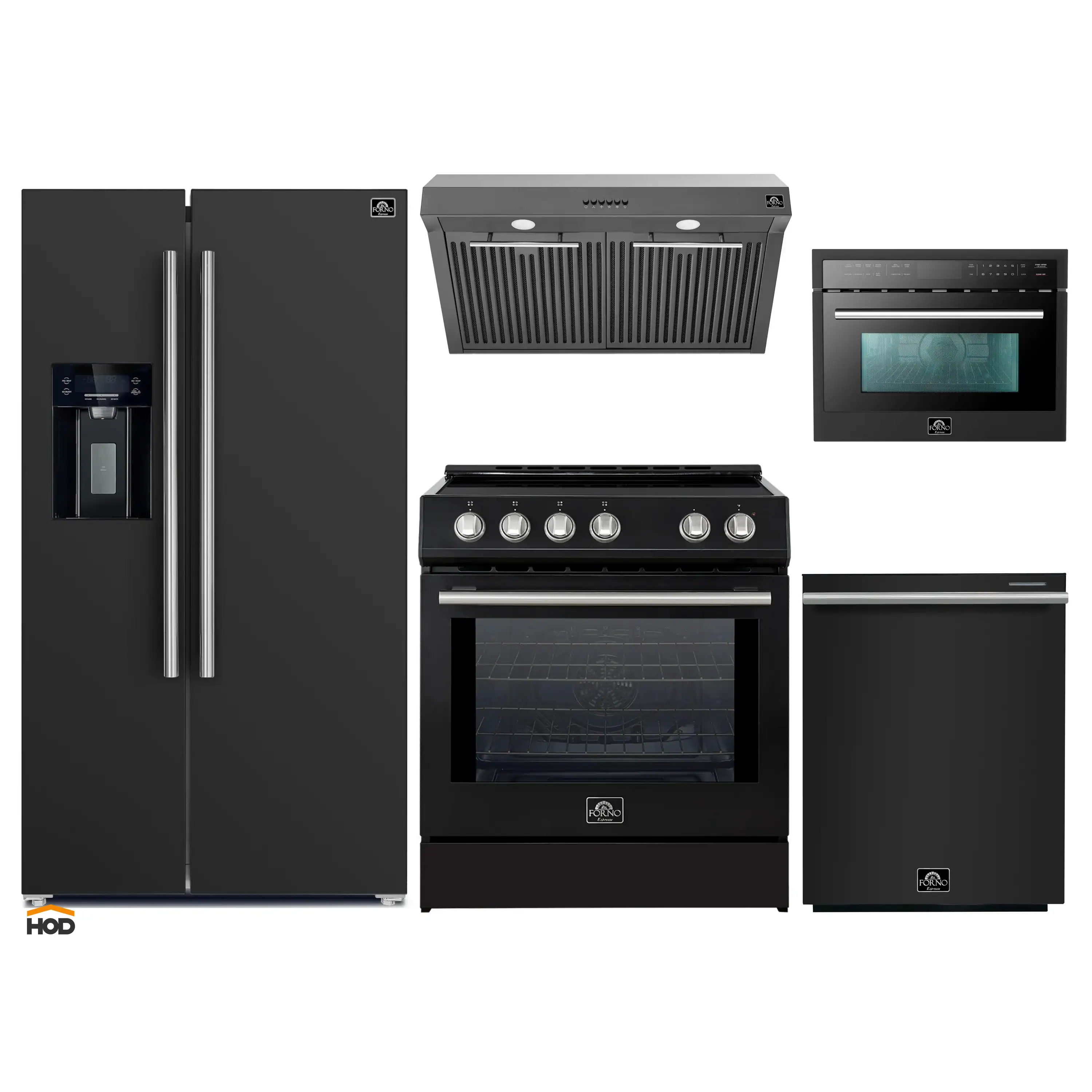 Forno 5-Piece Appliance Package - 30-Inch Inducton Range, Under Cabinet Range Hood, Refrigerator with Water Dispenser, Dishwasher, and 24-Inch Microwave Oven in Black with Stainless Steel Trim
