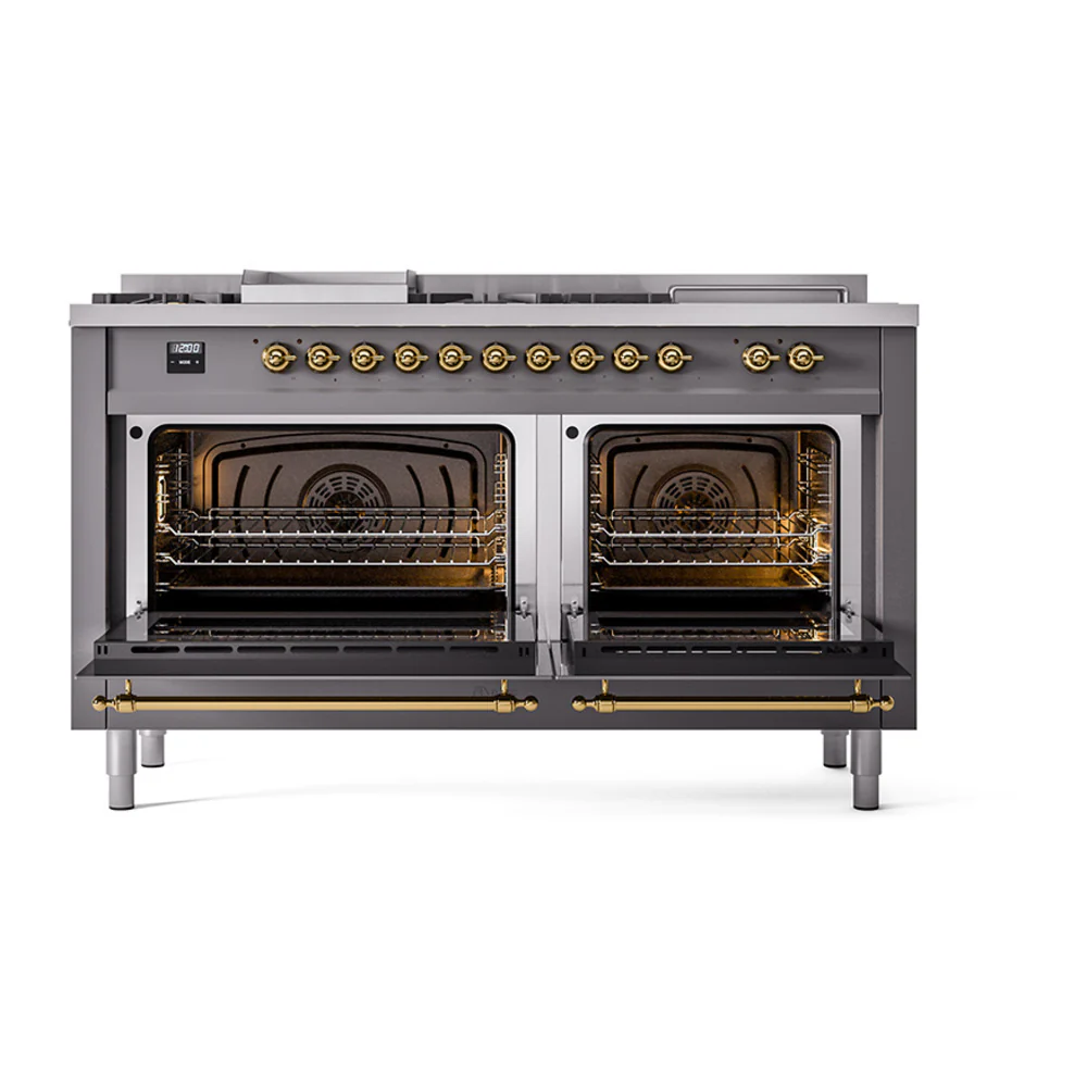 ILVE Nostalgie II 60-Inch Dual Fuel Range with 7 Burners, Griddle, & French Top with Solid Door Oven in Matte Graphite with Brass Trim (UP60FSQNMPMGG)